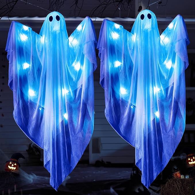 2 Pcs 35.4” Halloween Hanging Light up Ghost with Blue LED Light - Image 7