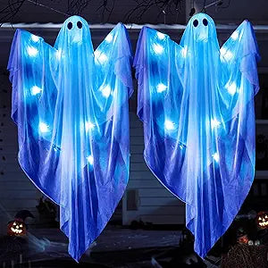 2 Pcs 35.4” Halloween Hanging Light up Ghost with Blue LED Light
