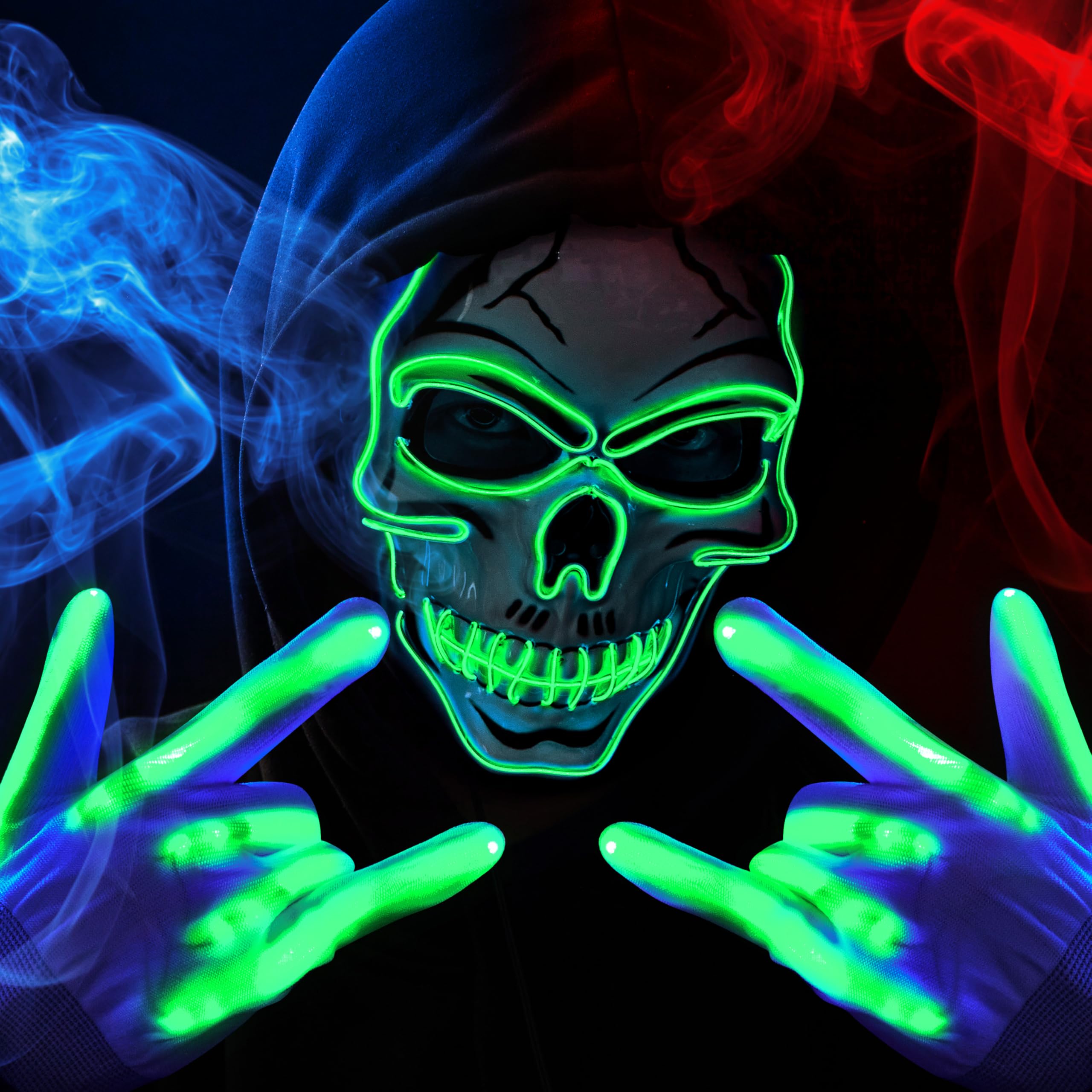 Halloween LED Skull Mask with Light Up Gloves, Green - Image 9