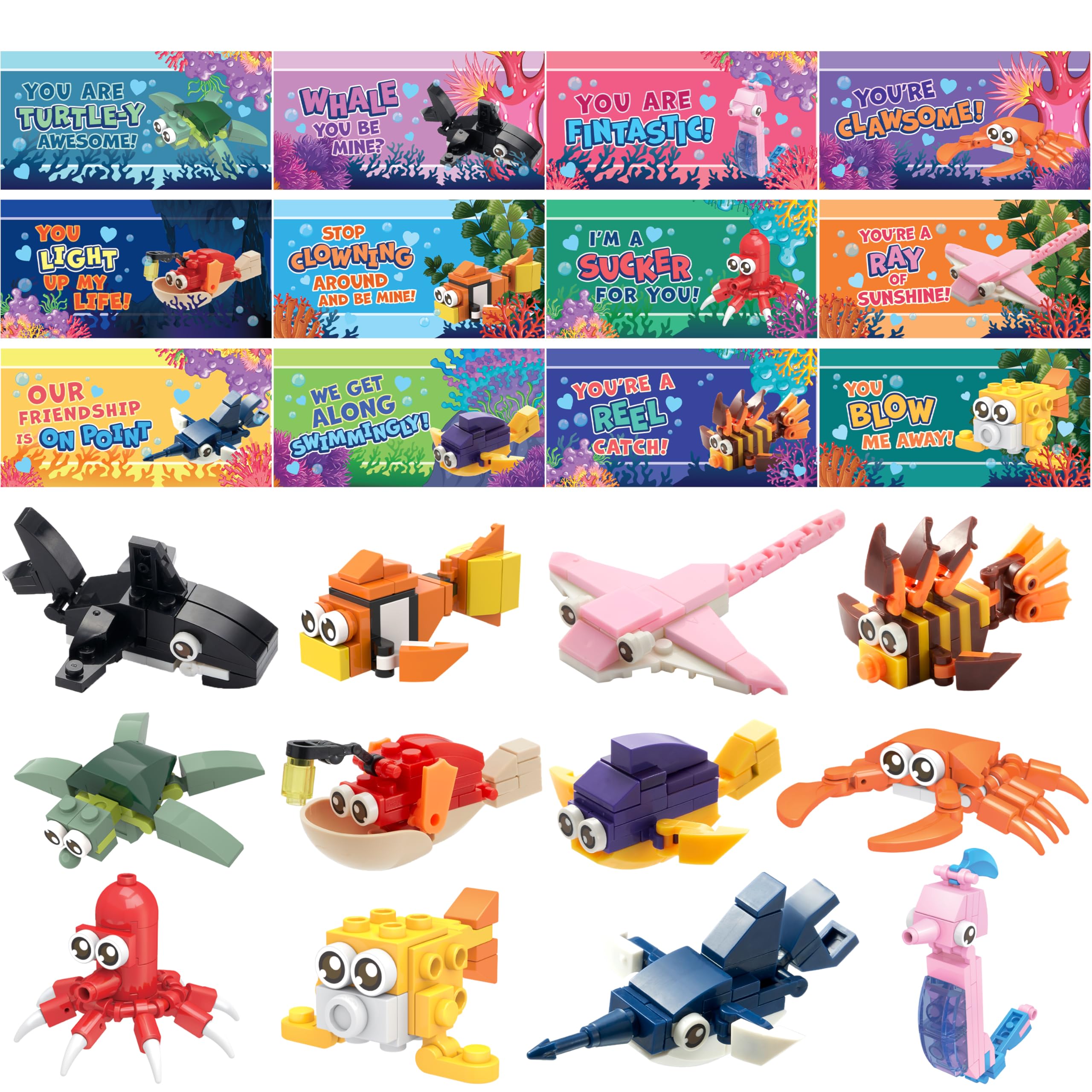 24 Packs Valentines Day Cards with Ocean Animal Building Block for Party Gifts - Image 9