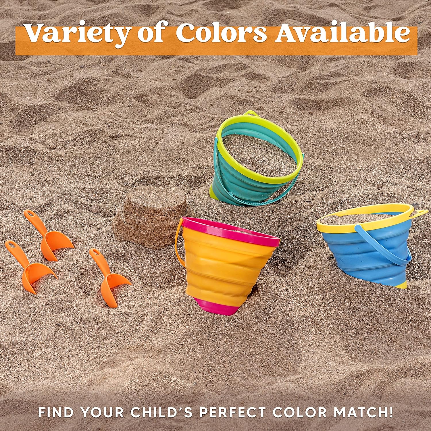 3Pcs Collapsible Beach Toy Buckets with Shovels - Image 3