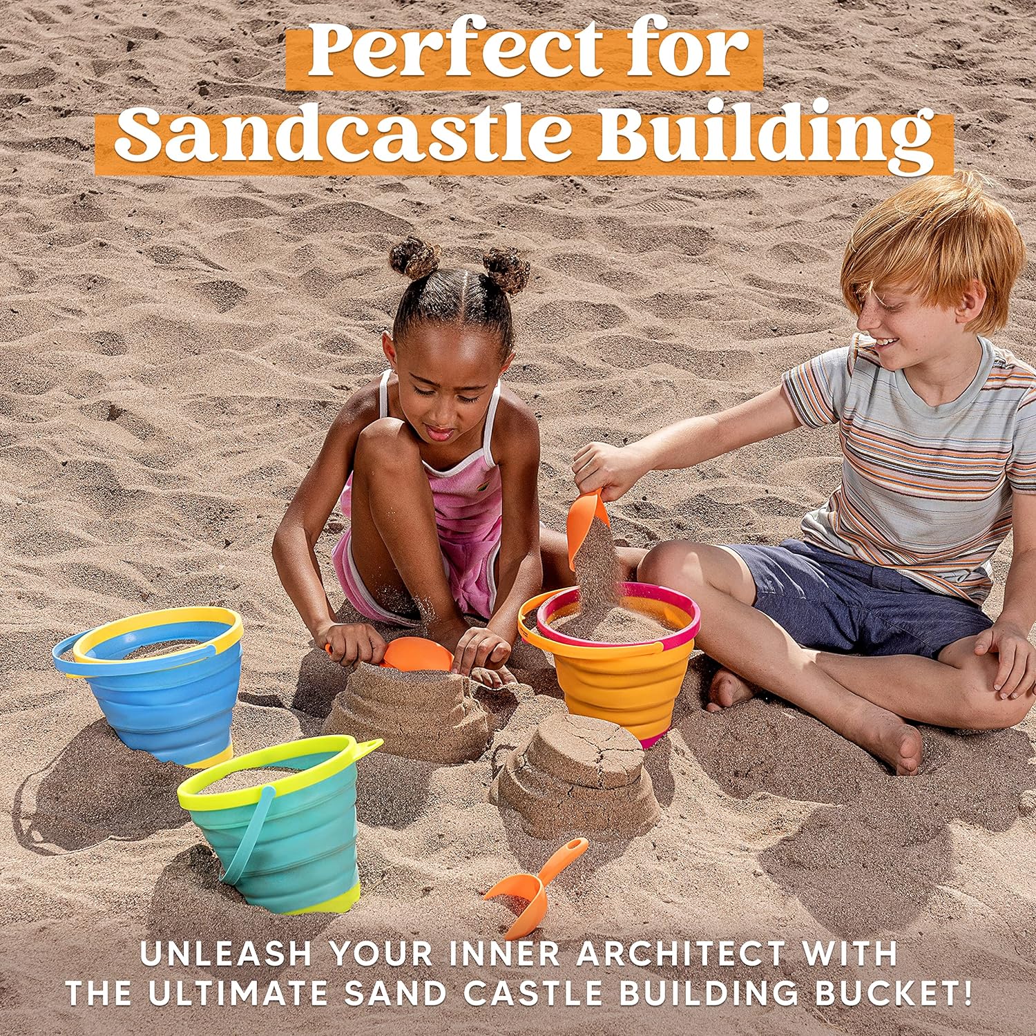3Pcs Collapsible Beach Toy Buckets with Shovels - Image 2