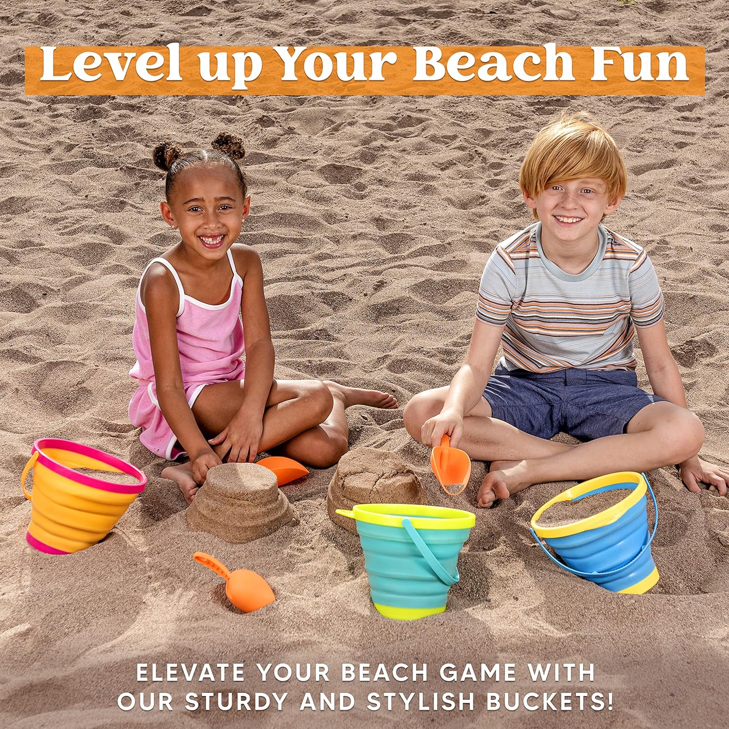 3Pcs Collapsible Beach Toy Buckets with Shovels - Image 6