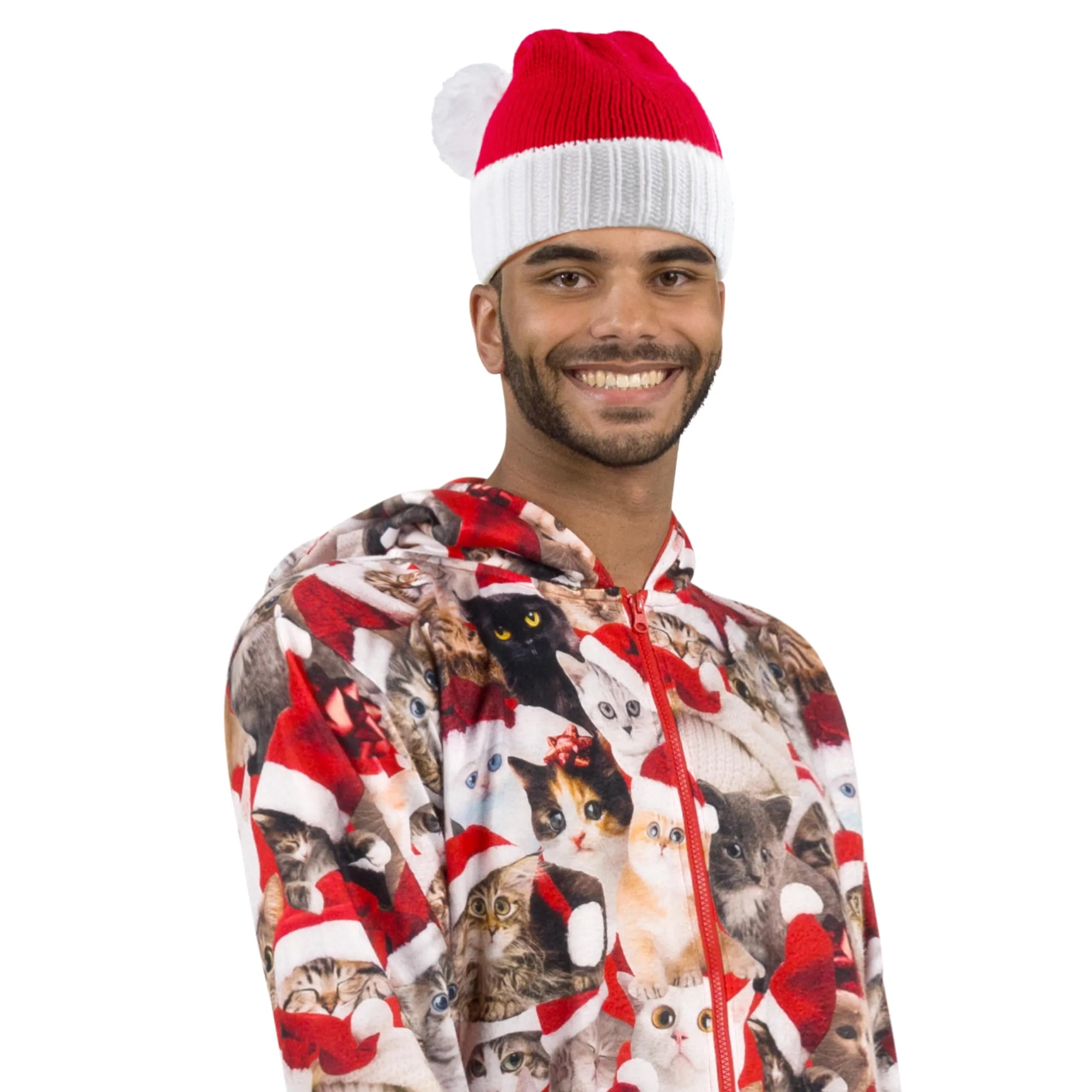 Adult Knit Christmas Santa Beanie Hat with Pom Poms - Image 2