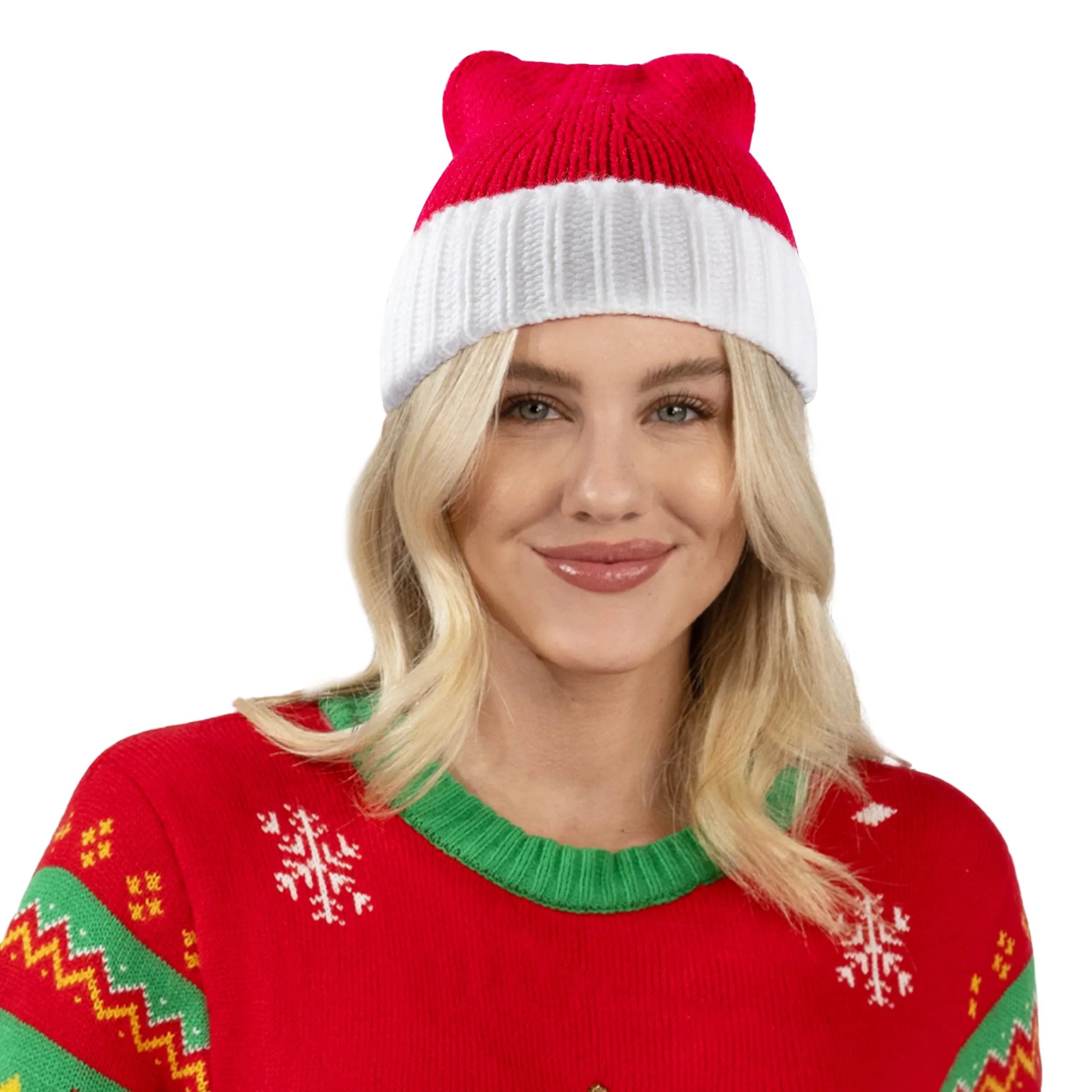 Adult Knit Christmas Santa Beanie Hat with Pom Poms - Image 4