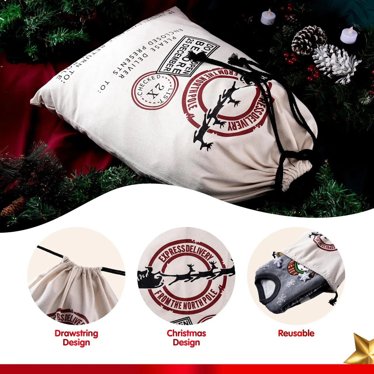 Christmas Drawstring Gift Bag Santa Burlap Sack 26in x 19in - Image 2