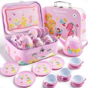 Fairy Blossom Tea Party Set for Girls 3-6 Teapot Set with Cups, Plates & Carrying Case - Leak-Proof Princess Tea Time Toy
