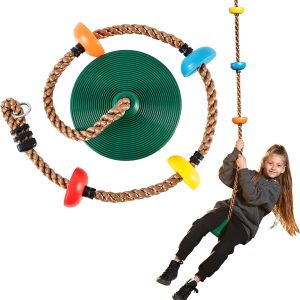 Green Climbing Rope Tree Swing with Platforms and Disc Swings Seat