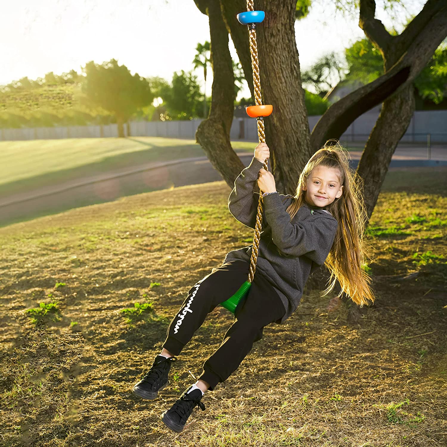 Green Climbing Rope Tree Swing with Platforms and Disc Swings Seat - Image 7