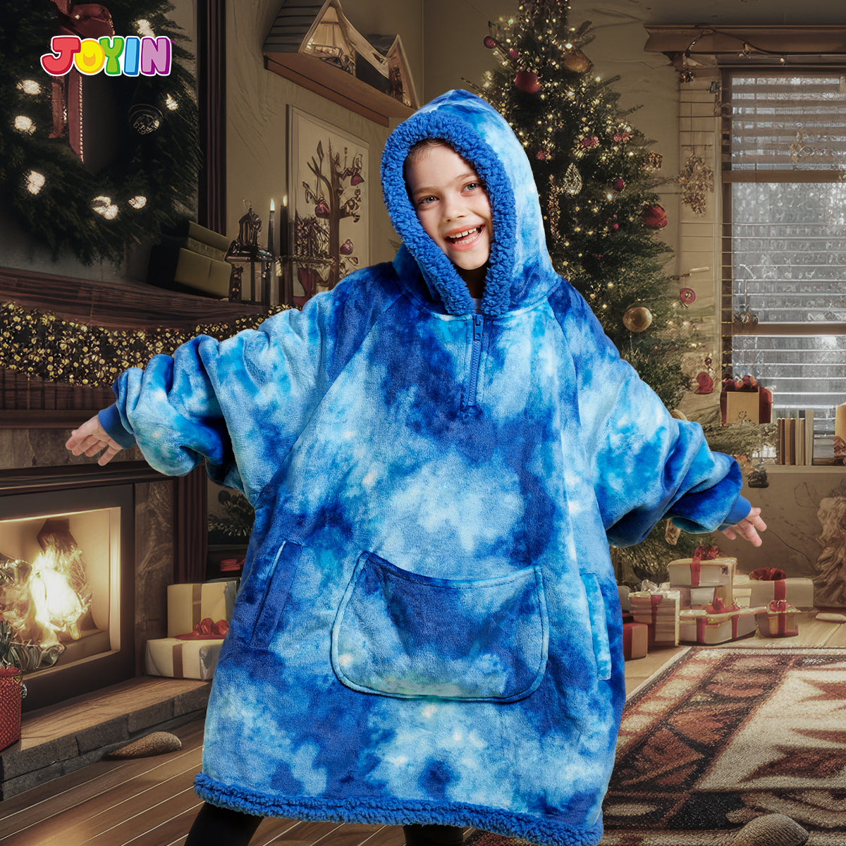 Kids Sherpa Wearable Blanket-Dark Blue Tie Dye - Image 8