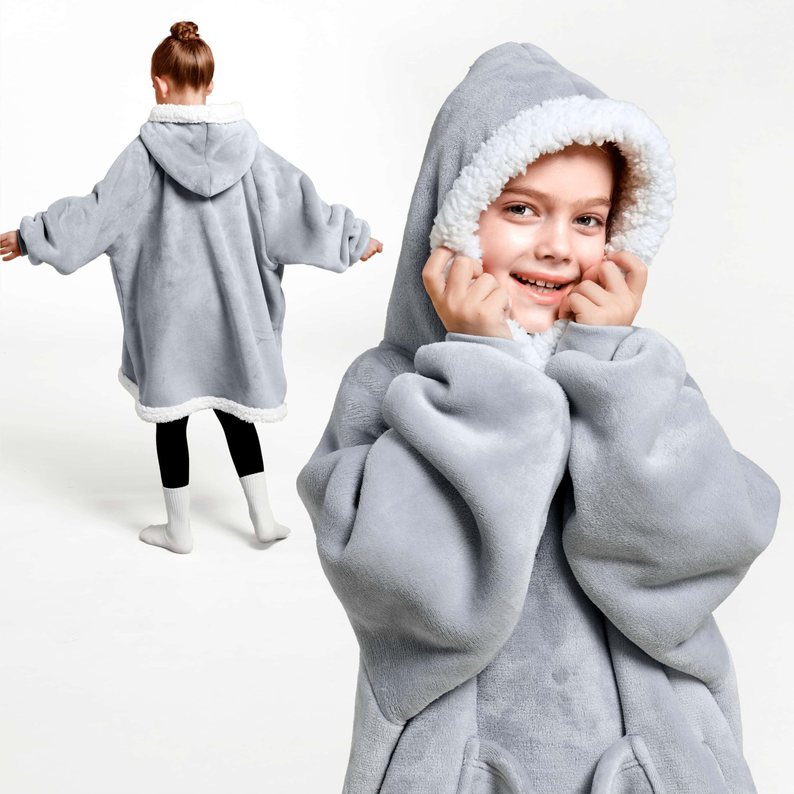 Kids Sherpa Wearable Blanket-Gray - Image 2