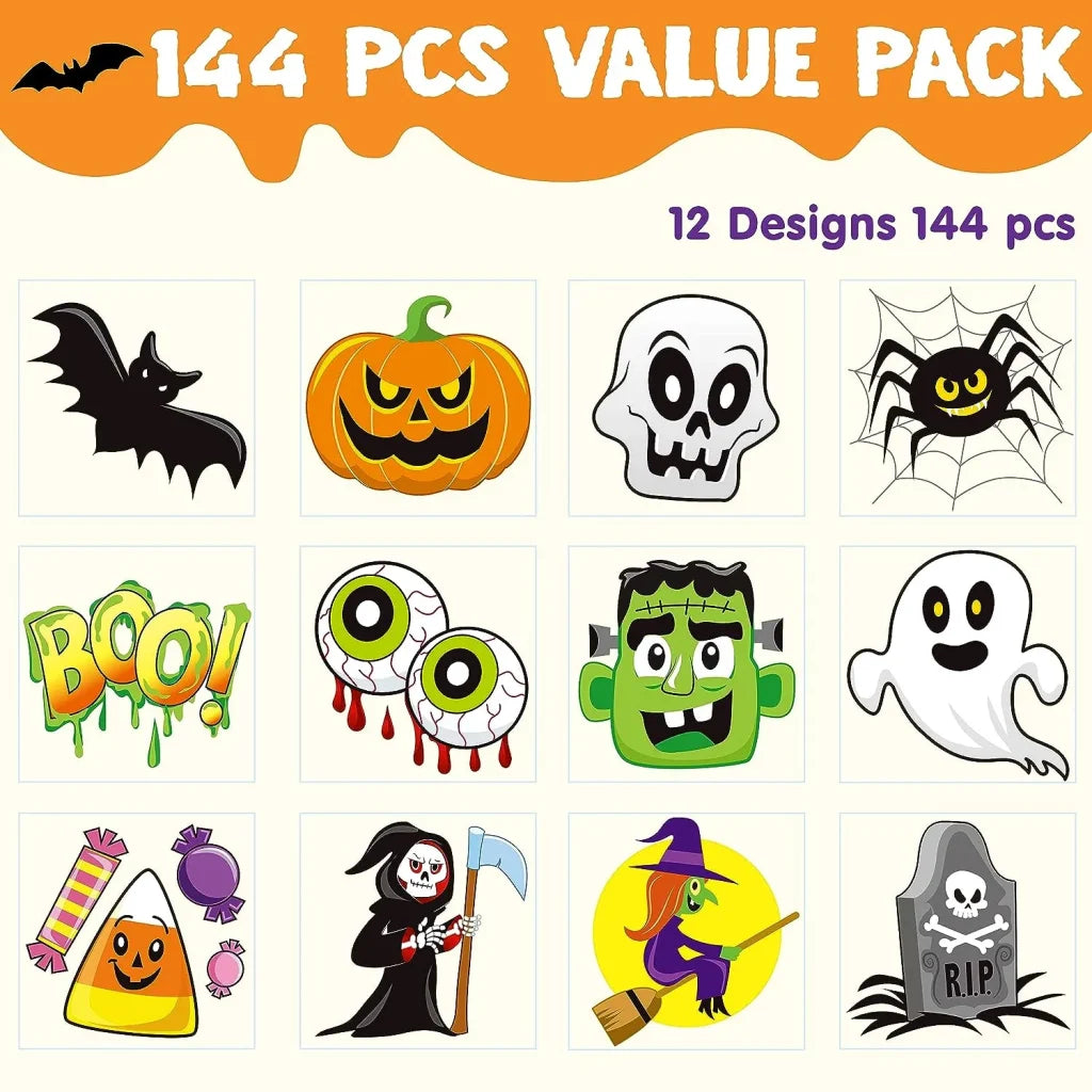 144 PCS Halloween Temporary Tattoos, 12 Designs Waterproof Fake Tattoos Stickers for Kids - Image 2