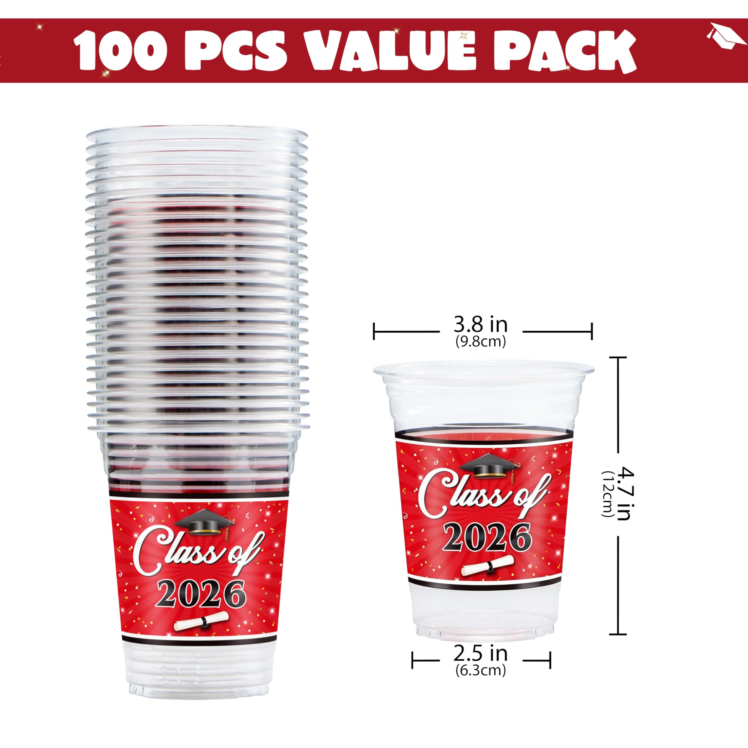 100Pcs 16oz Red Disposable PET Graduation Cups Class of 2026 Party Supplies - Image 2