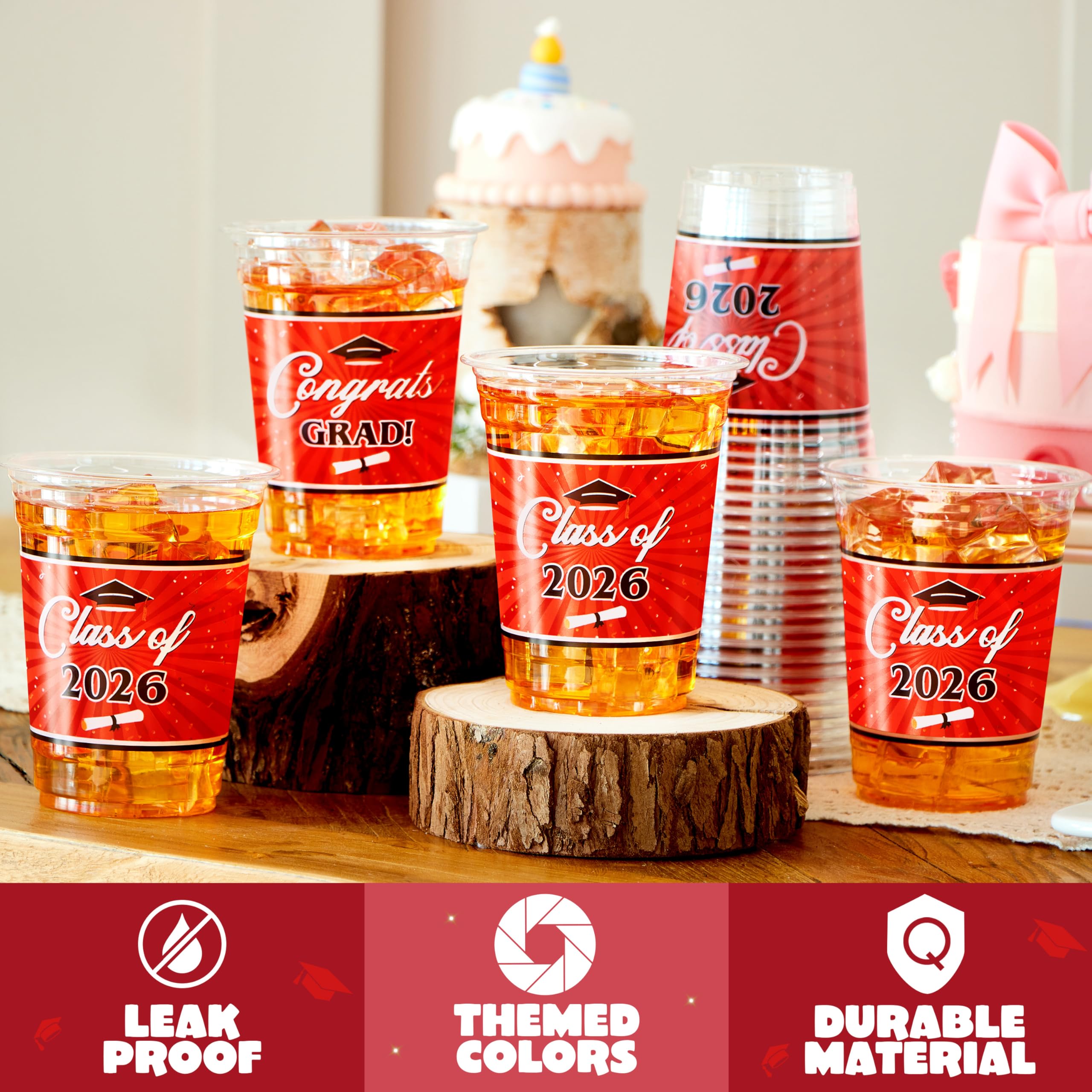 100Pcs 16oz Red Disposable PET Graduation Cups Class of 2026 Party Supplies - Image 3