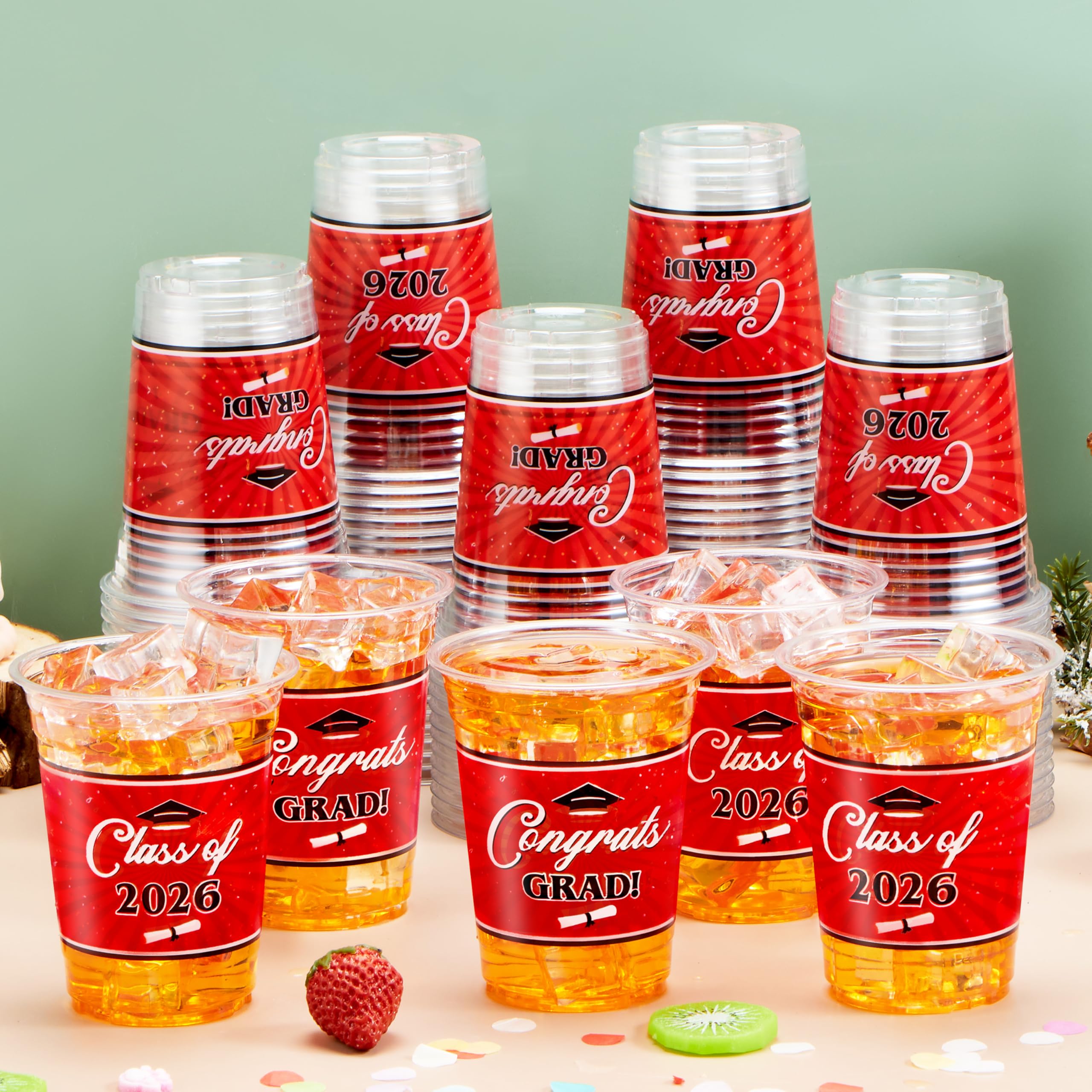100Pcs 16oz Red Disposable PET Graduation Cups Class of 2026 Party Supplies - Image 5