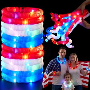 JOYIN 12 Pcs 4th of July Patriotic Light Up Pop Tubes & Glow Sticks Set