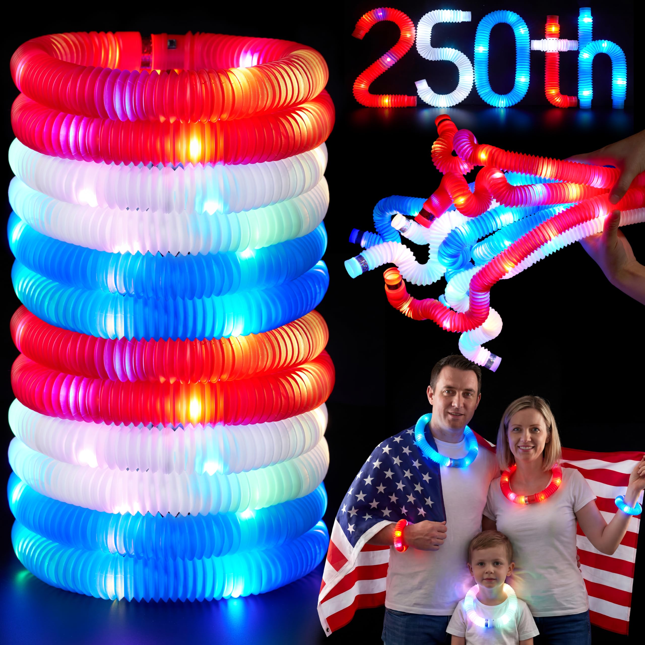 JOYIN 12 Pcs 4th of July Patriotic Light Up Pop Tubes & Glow Sticks Set - Image 2