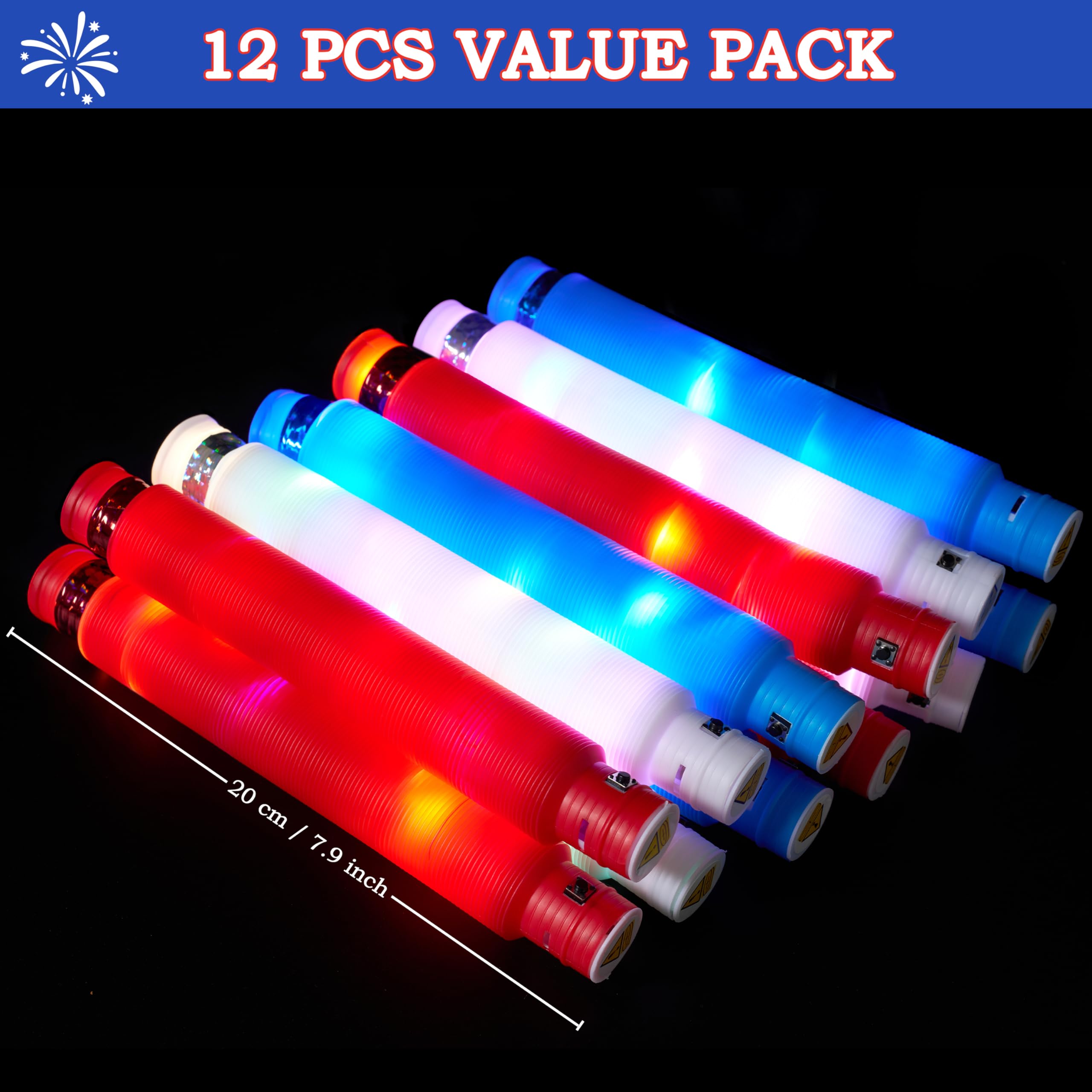 JOYIN 12 Pcs 4th of July Patriotic Light Up Pop Tubes & Glow Sticks Set - Image 3