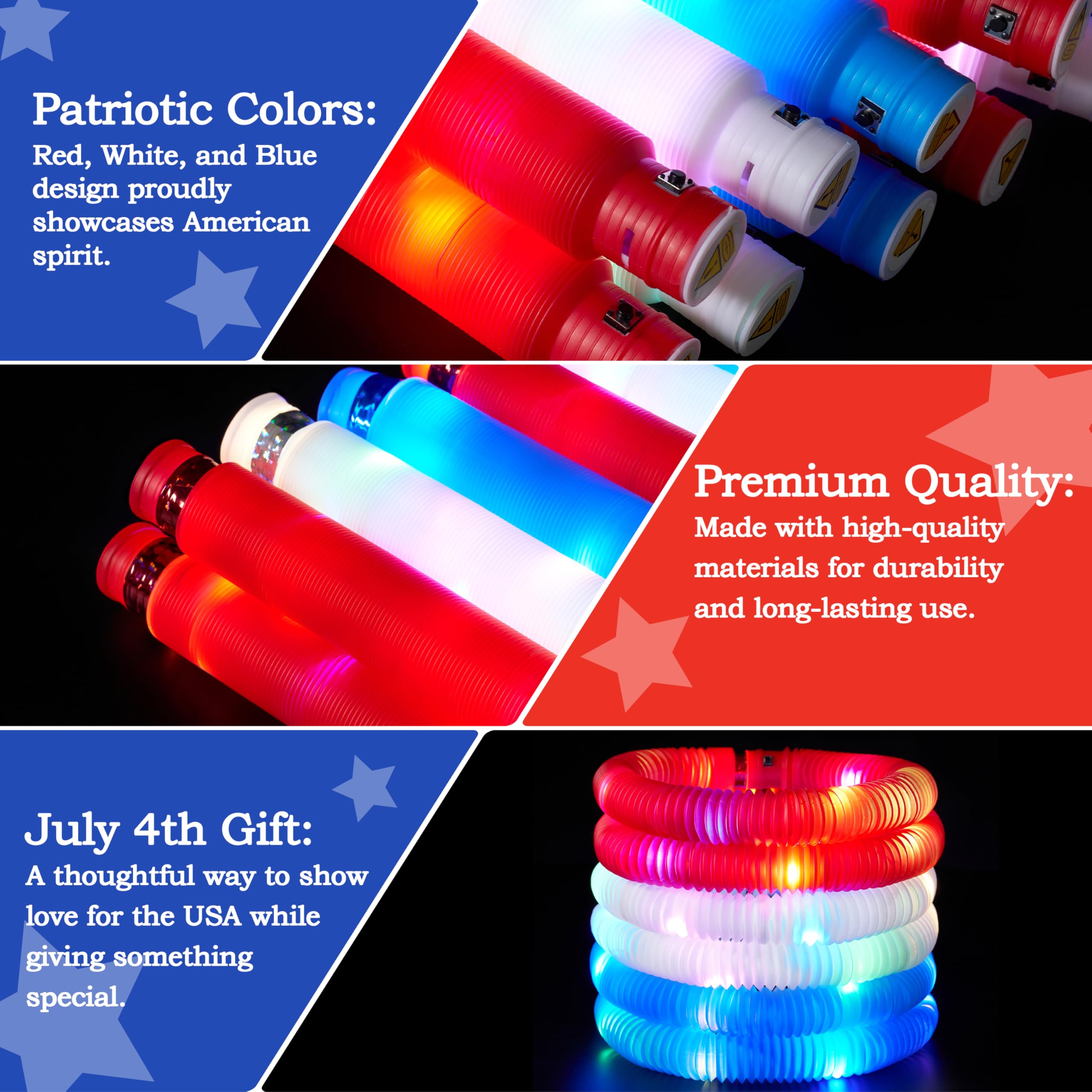JOYIN 12 Pcs 4th of July Patriotic Light Up Pop Tubes & Glow Sticks Set - Image 4