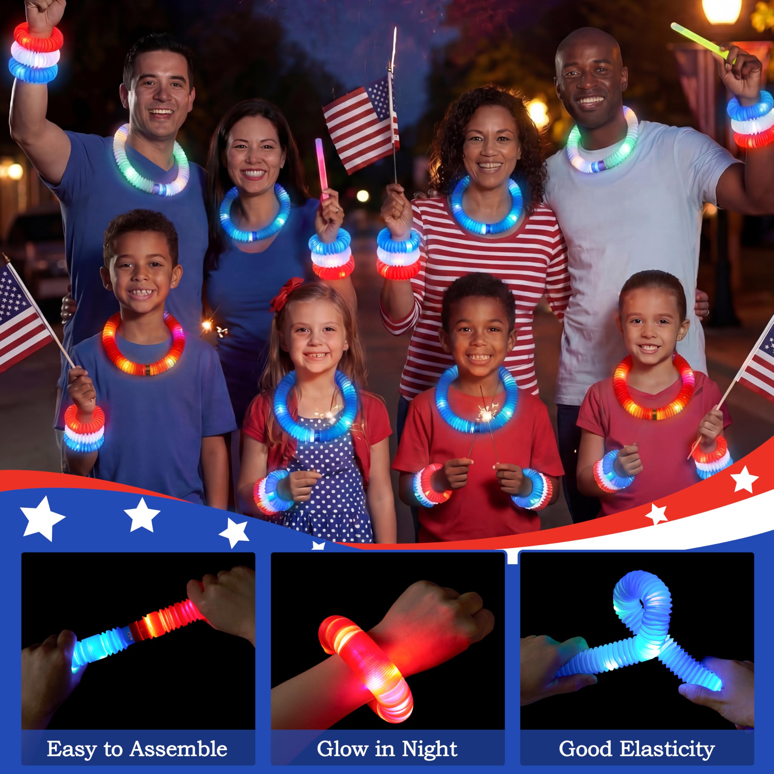 JOYIN 12 Pcs 4th of July Patriotic Light Up Pop Tubes & Glow Sticks Set - Image 5