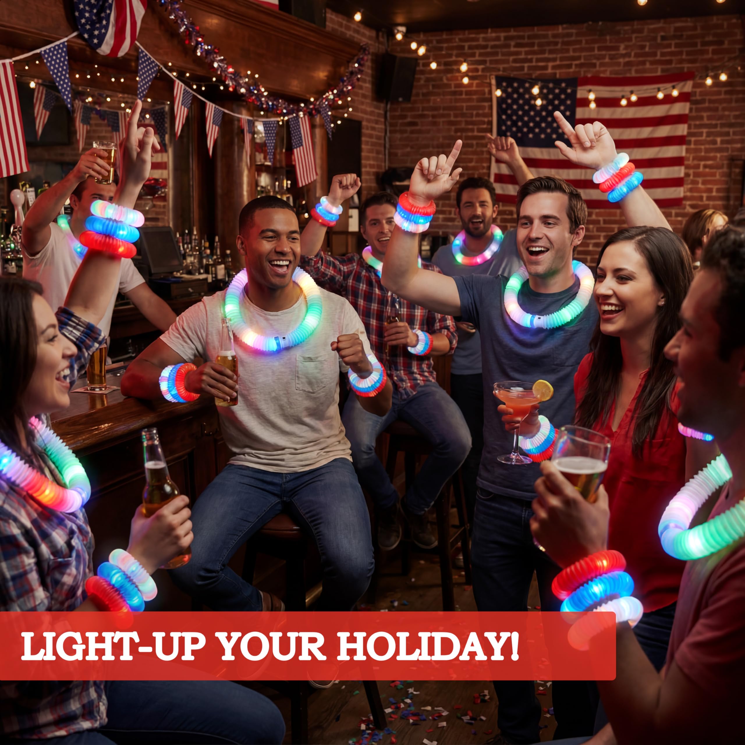 JOYIN 12 Pcs 4th of July Patriotic Light Up Pop Tubes & Glow Sticks Set - Image 6