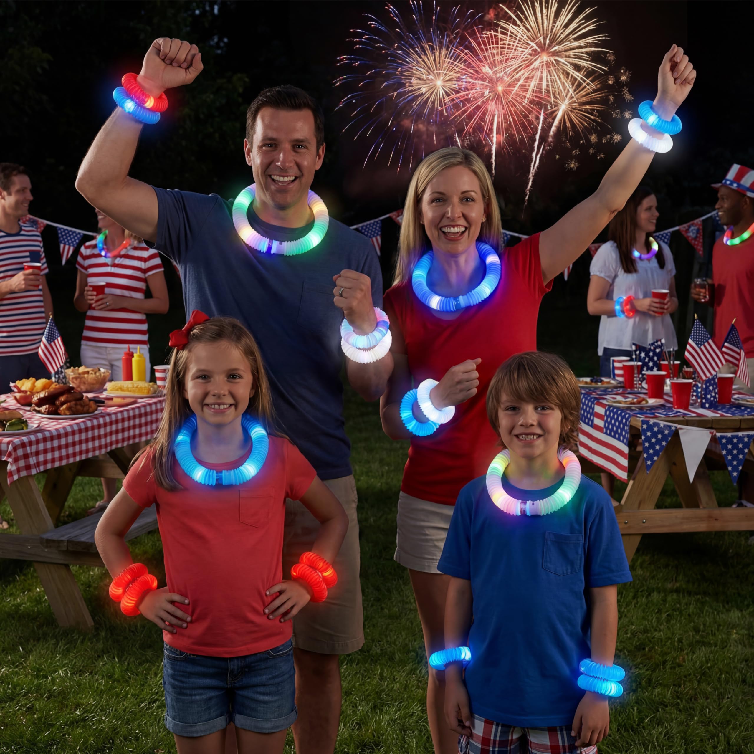 JOYIN 12 Pcs 4th of July Patriotic Light Up Pop Tubes & Glow Sticks Set - Image 7