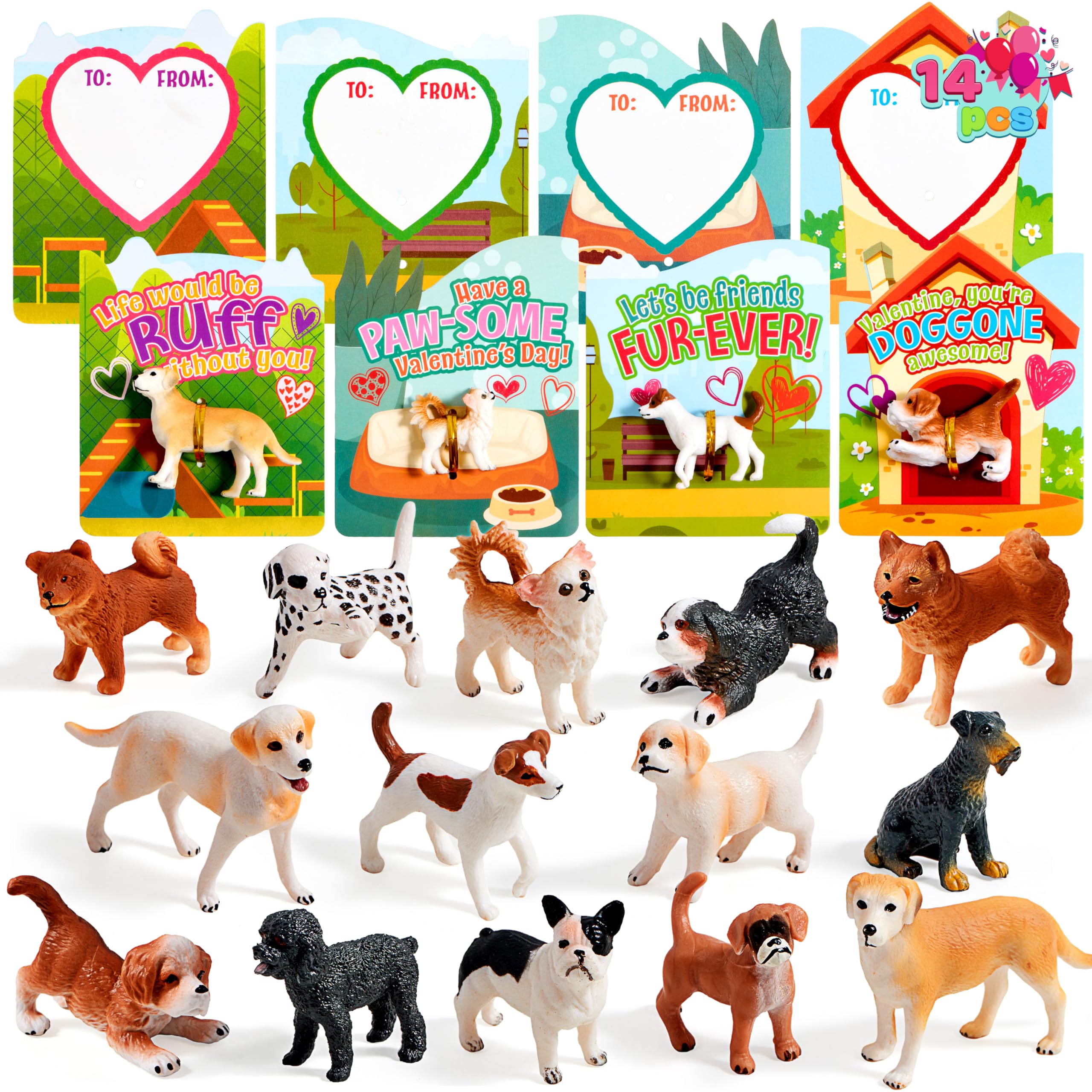 JOYIN 14 Pack Valentines Day Greeting Card with Dog Puppy Figure Toys for Kids Party Favor - Image 7