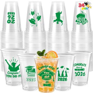 24Pcs 16oz Green Disposable Graduation Cups Class of 2026 Party Supplies