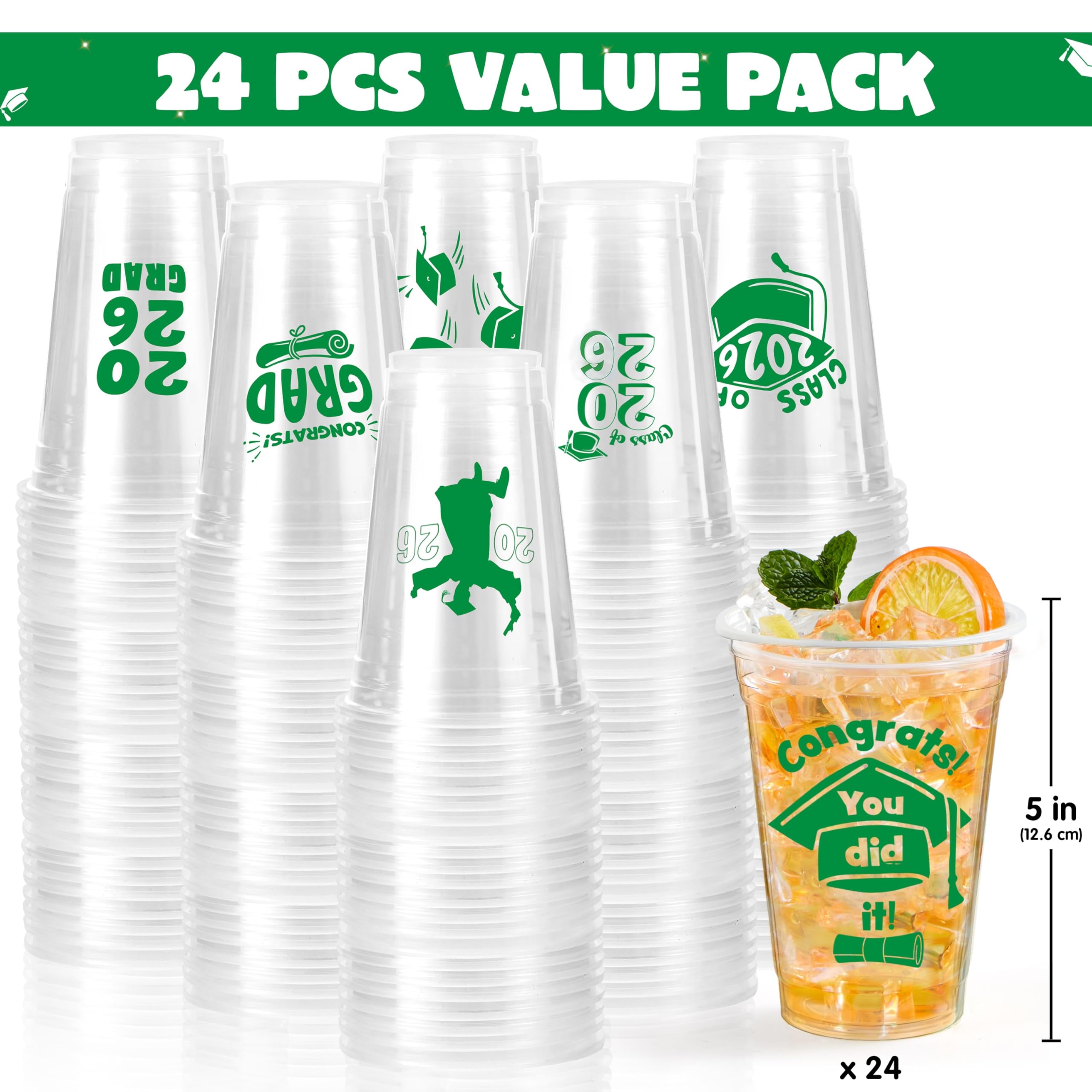 24Pcs 16oz Green Disposable Graduation Cups Class of 2026 Party Supplies - Image 2