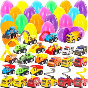 JOYIN 24 Pcs Filled Easter Eggs with Pull Back Construction Cars