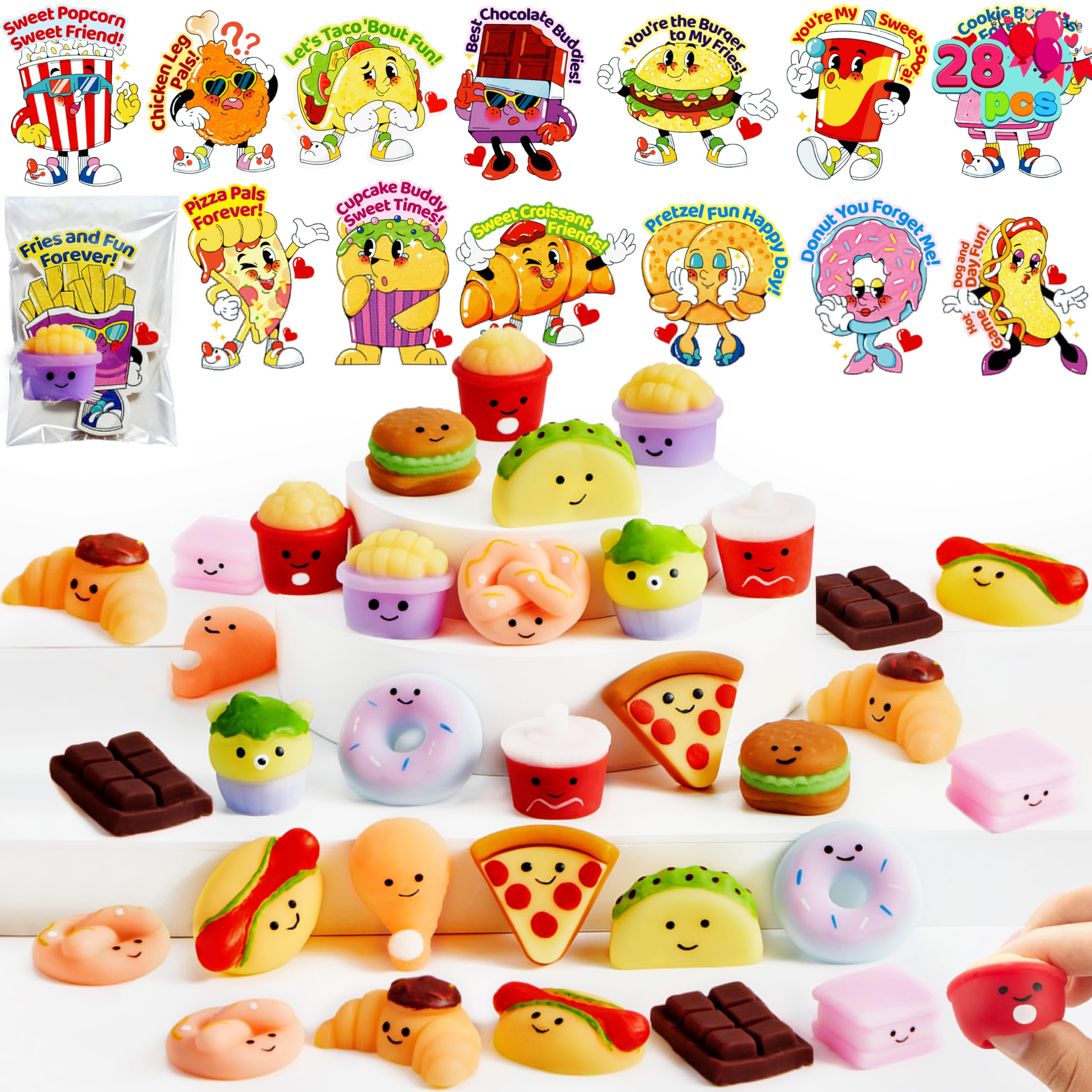 JOYIN 28 Packs Valentines 14 Designs Kawaii Desserts Style Stress Relief Fidget Toy with Card
