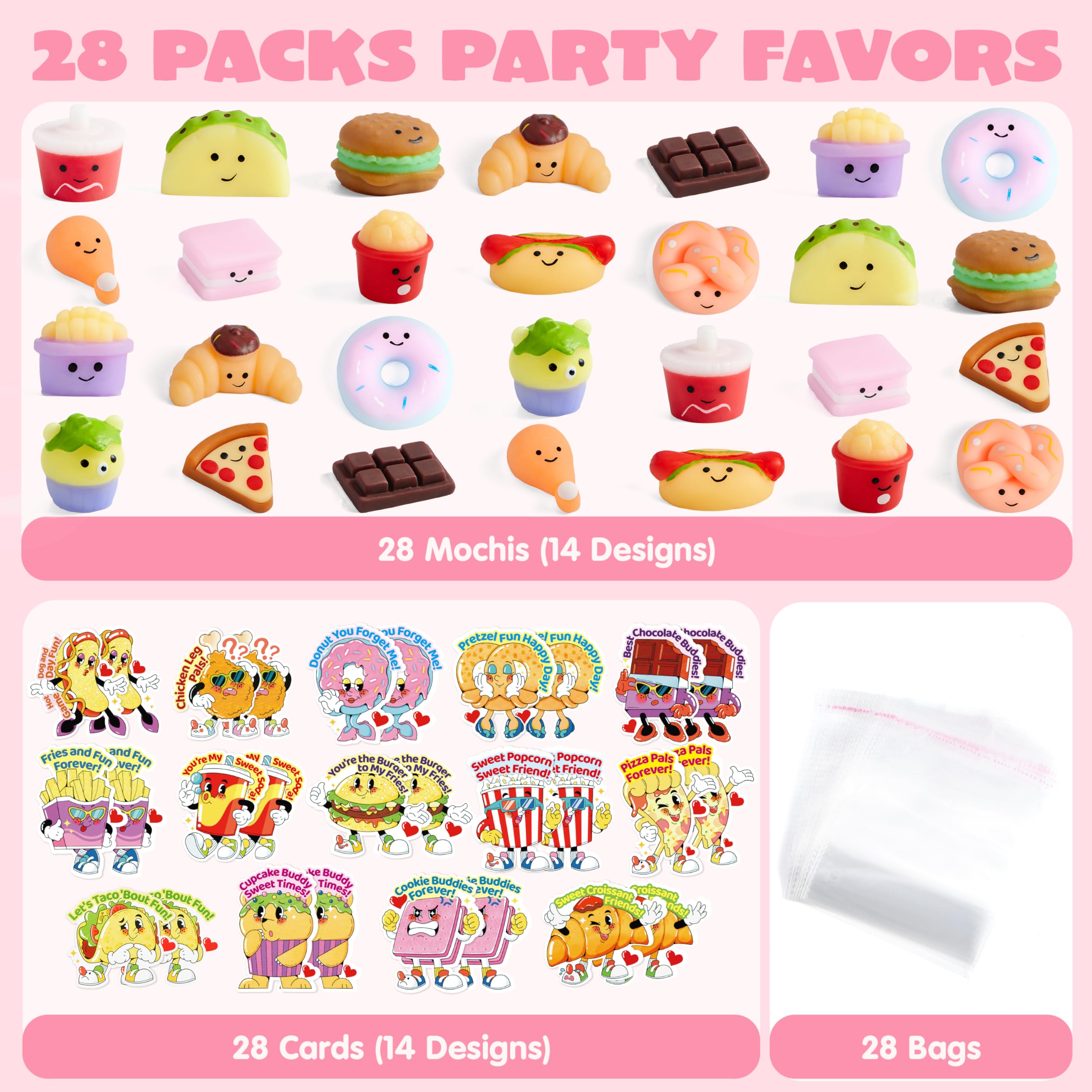 JOYIN 28 Packs Valentines 14 Designs Kawaii Desserts Style Stress Relief Fidget Toy with Card - Image 8