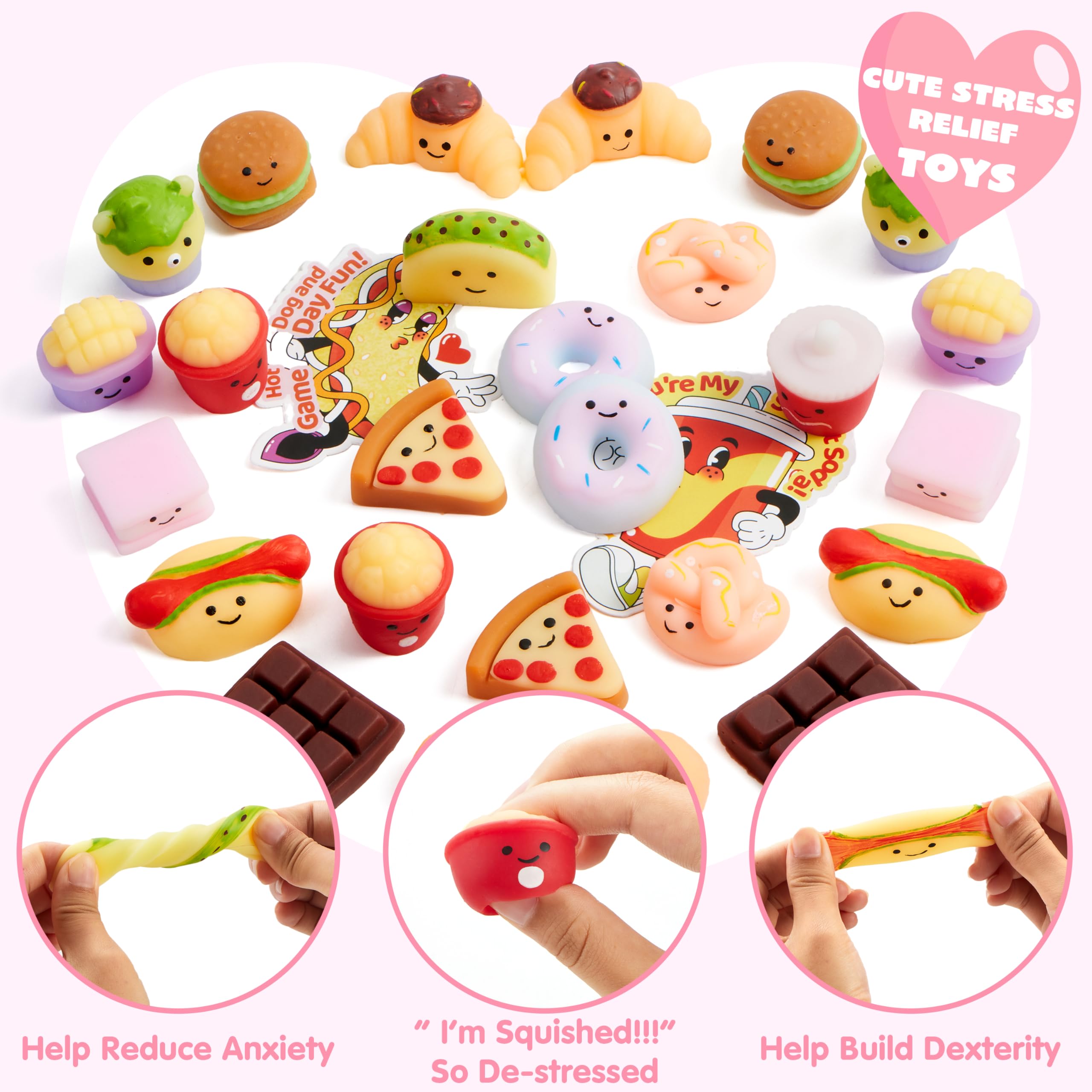 JOYIN 28 Packs Valentines 14 Designs Kawaii Desserts Style Stress Relief Fidget Toy with Card - Image 9