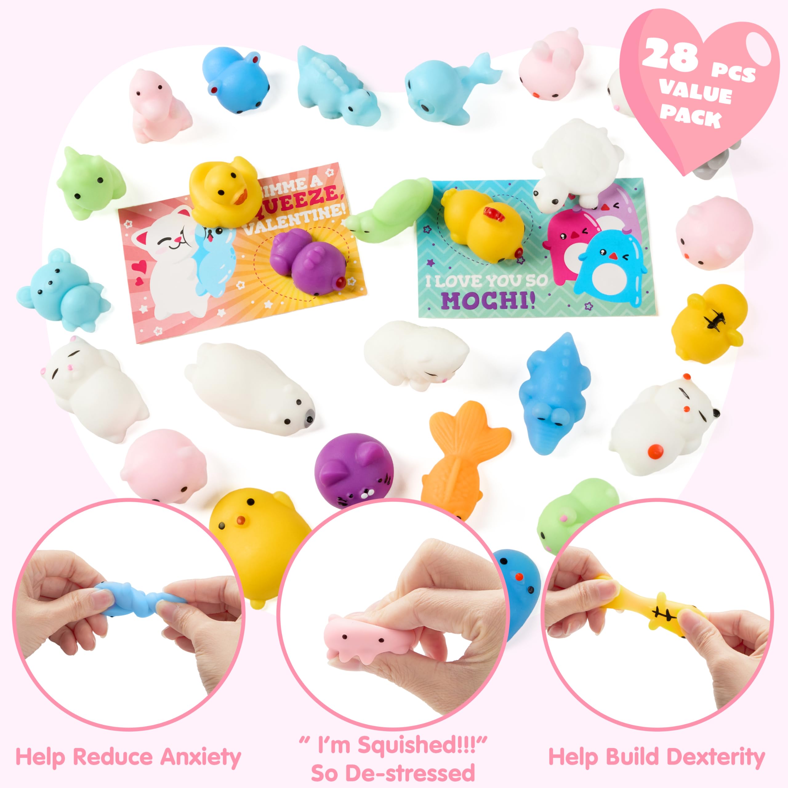 JOYIN 28 Packs Valentines Day Mochi Squishy Toy Stress Relief Gift Cards for Kids - Image 2