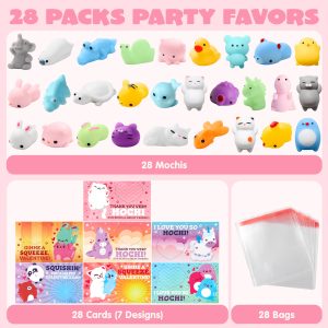 JOYIN 28 Packs Valentines Day Mochi Squishy Toy Stress Relief Gift Cards for Kids
