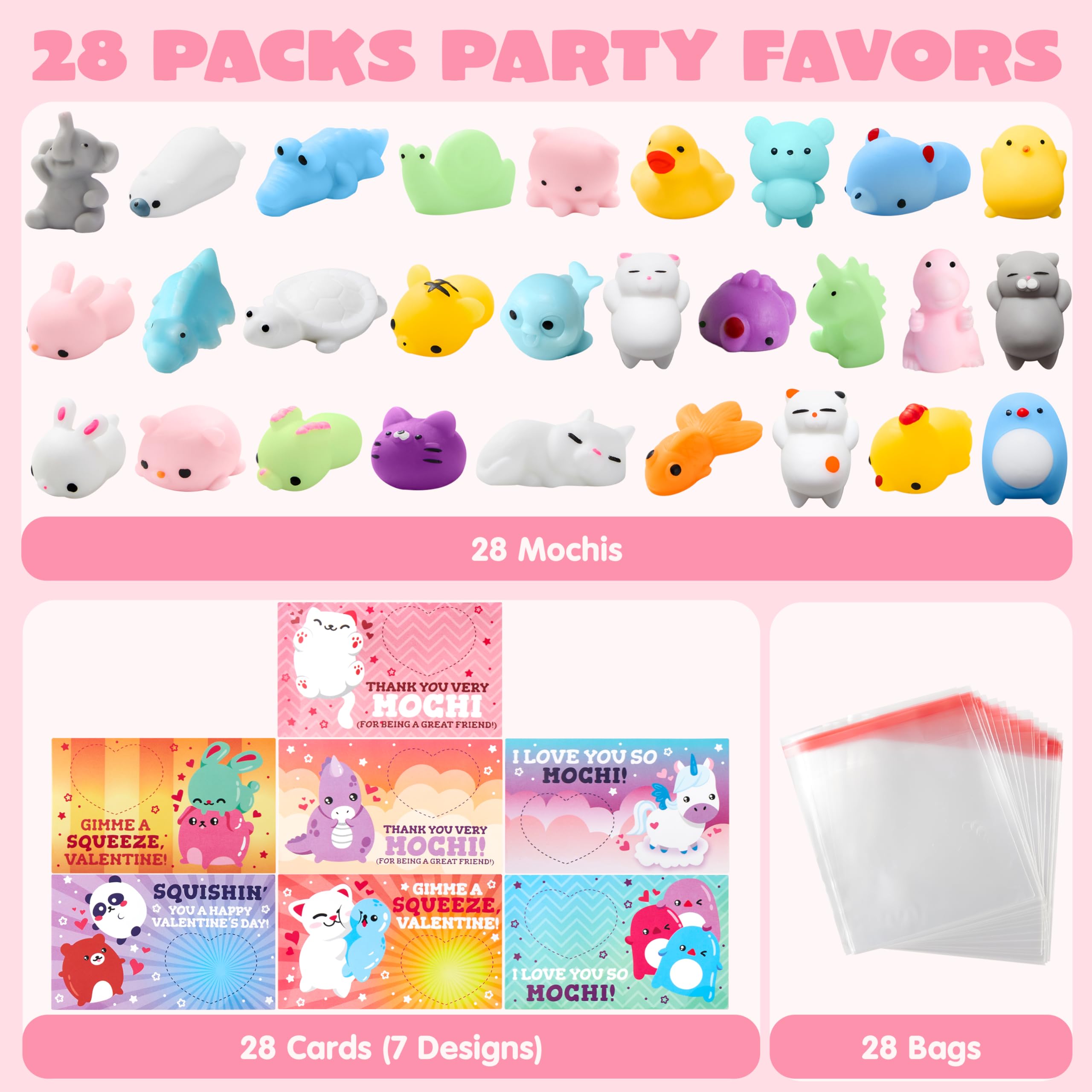 JOYIN 28 Packs Valentines Day Mochi Squishy Toy Stress Relief Gift Cards for Kids
