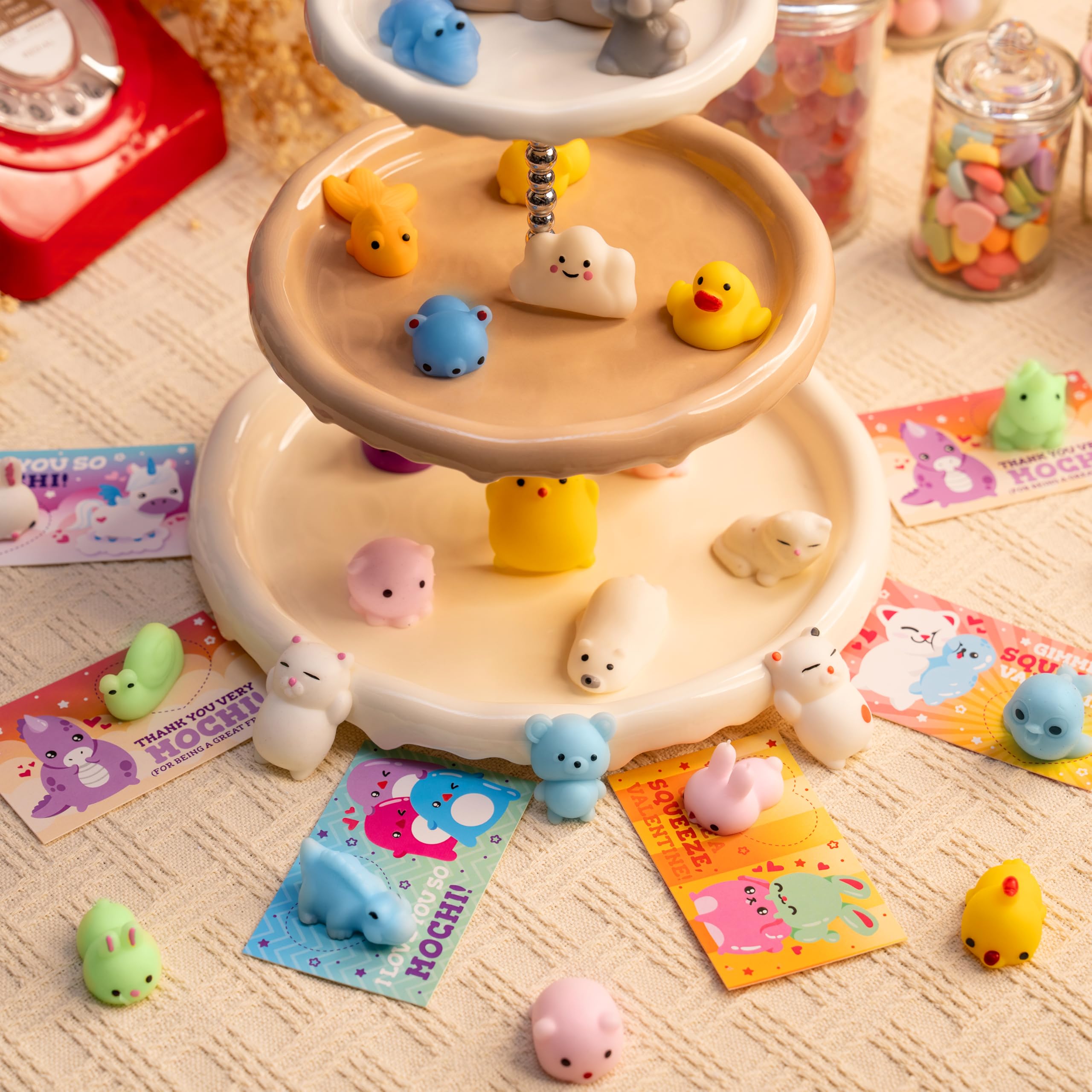 JOYIN 28 Packs Valentines Day Mochi Squishy Toy Stress Relief Gift Cards for Kids - Image 4