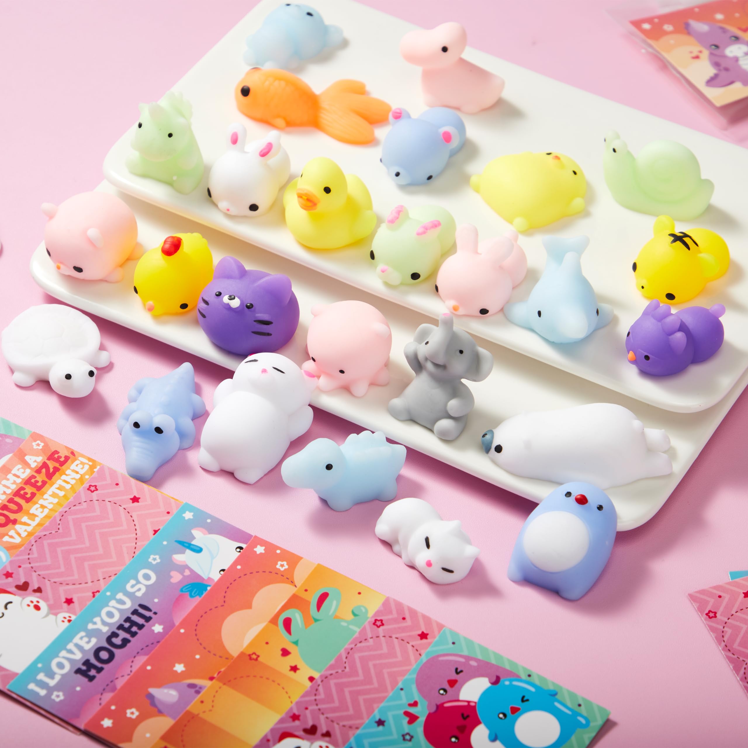 JOYIN 28 Packs Valentines Day Mochi Squishy Toy Stress Relief Gift Cards for Kids - Image 5