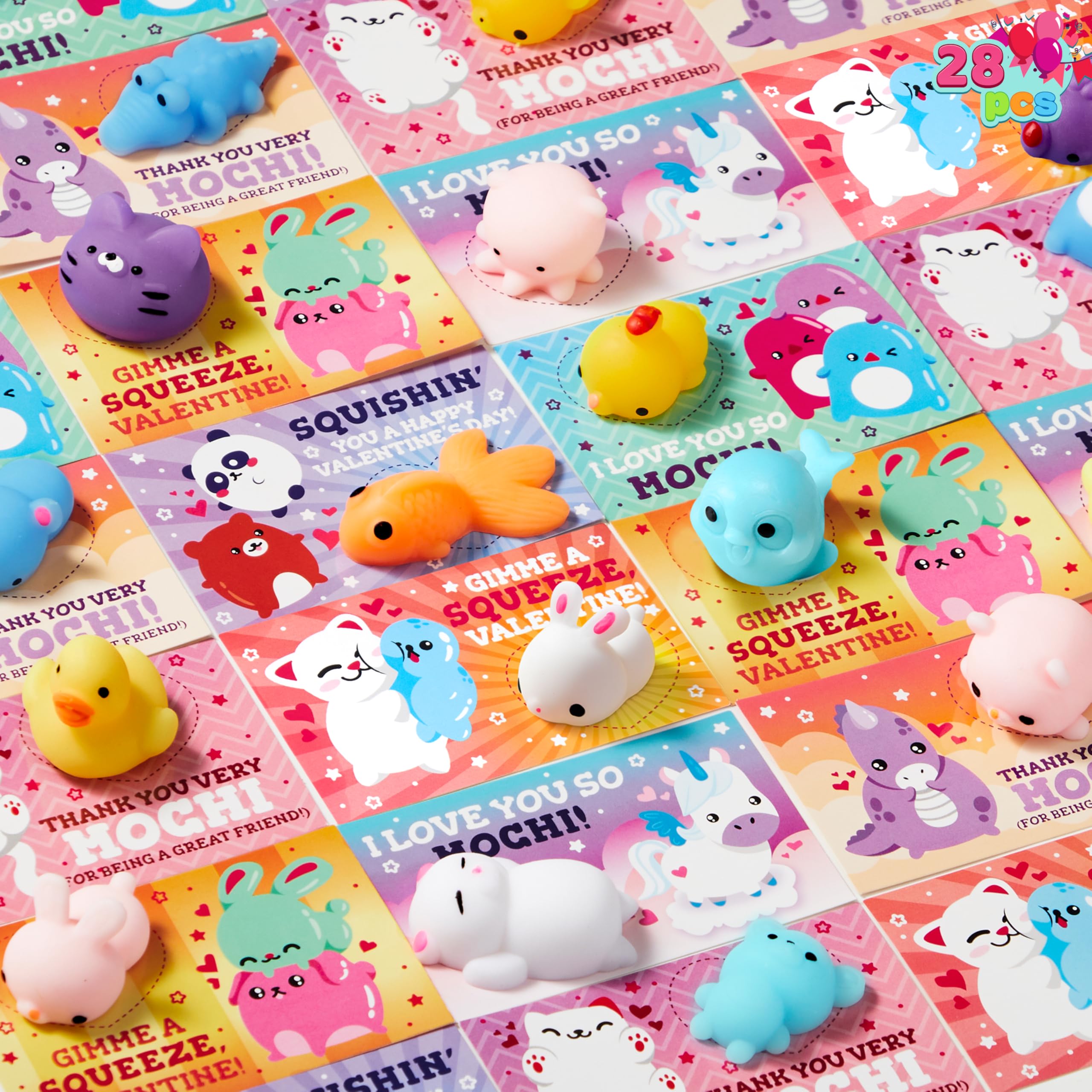 JOYIN 28 Packs Valentines Day Mochi Squishy Toy Stress Relief Gift Cards for Kids - Image 6