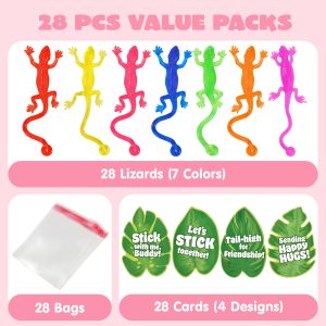 JOYIN 28 Pcs 3 Valentine’s Day Sticky Lizards with Cards for Kids in 7 Colors & 4 Card Designs