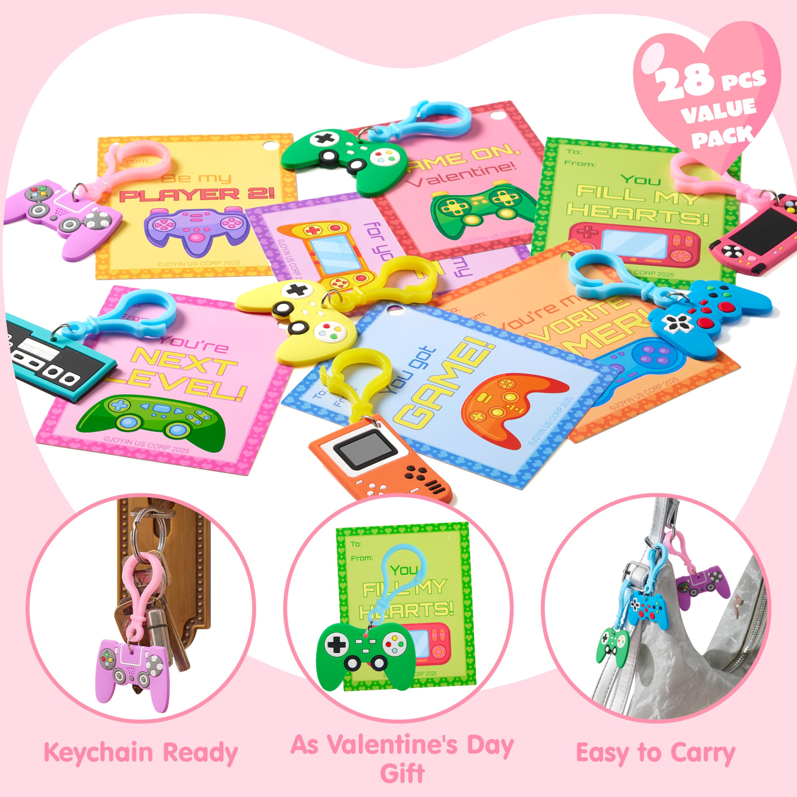 JOYIN 28 Pcs Video Game Keychains, Multi Colored Keychains & Cards with 7 Designs - Valentines Day Gift - Image 2