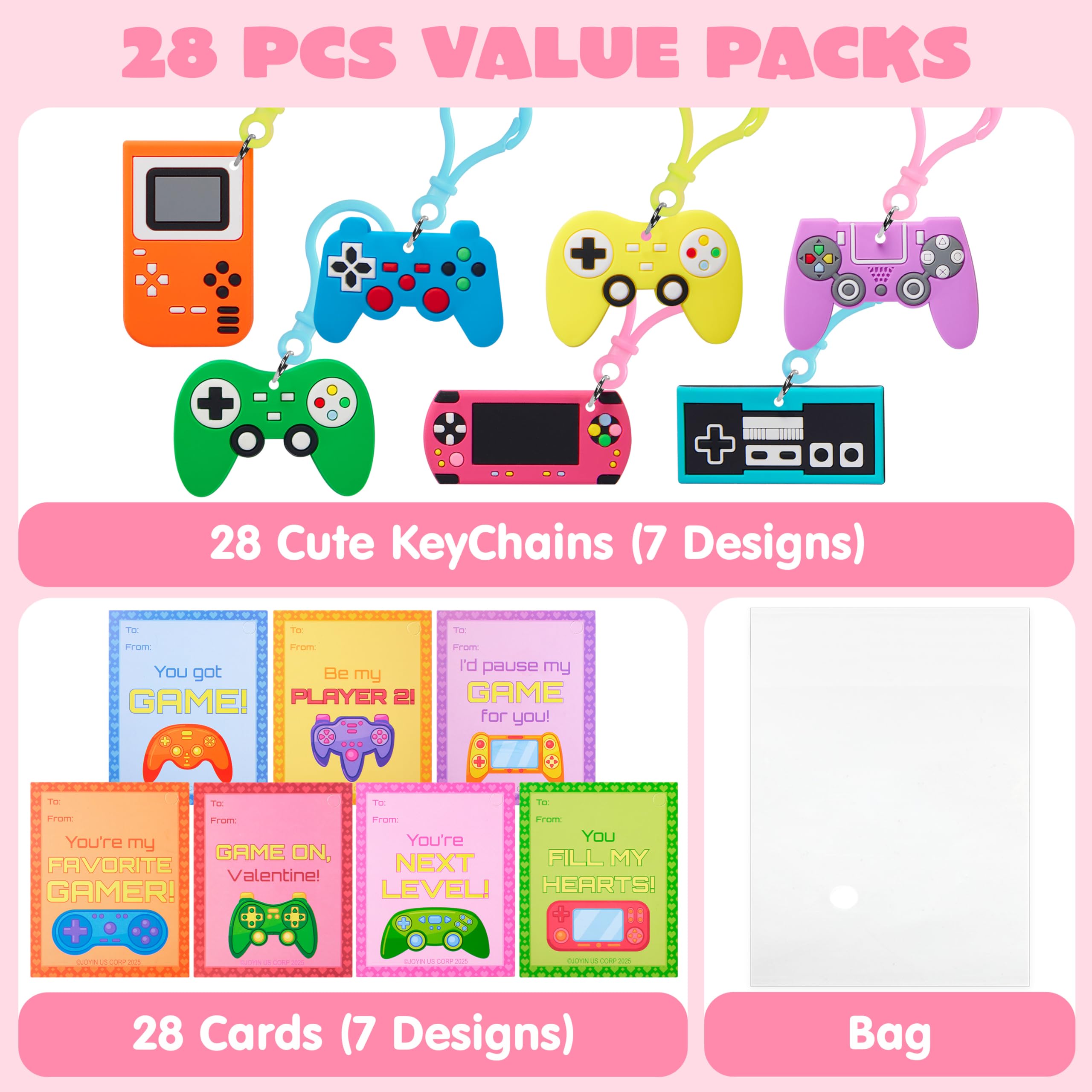 JOYIN 28 Pcs Video Game Keychains, Multi Colored Keychains & Cards with 7 Designs - Valentines Day Gift - Image 3