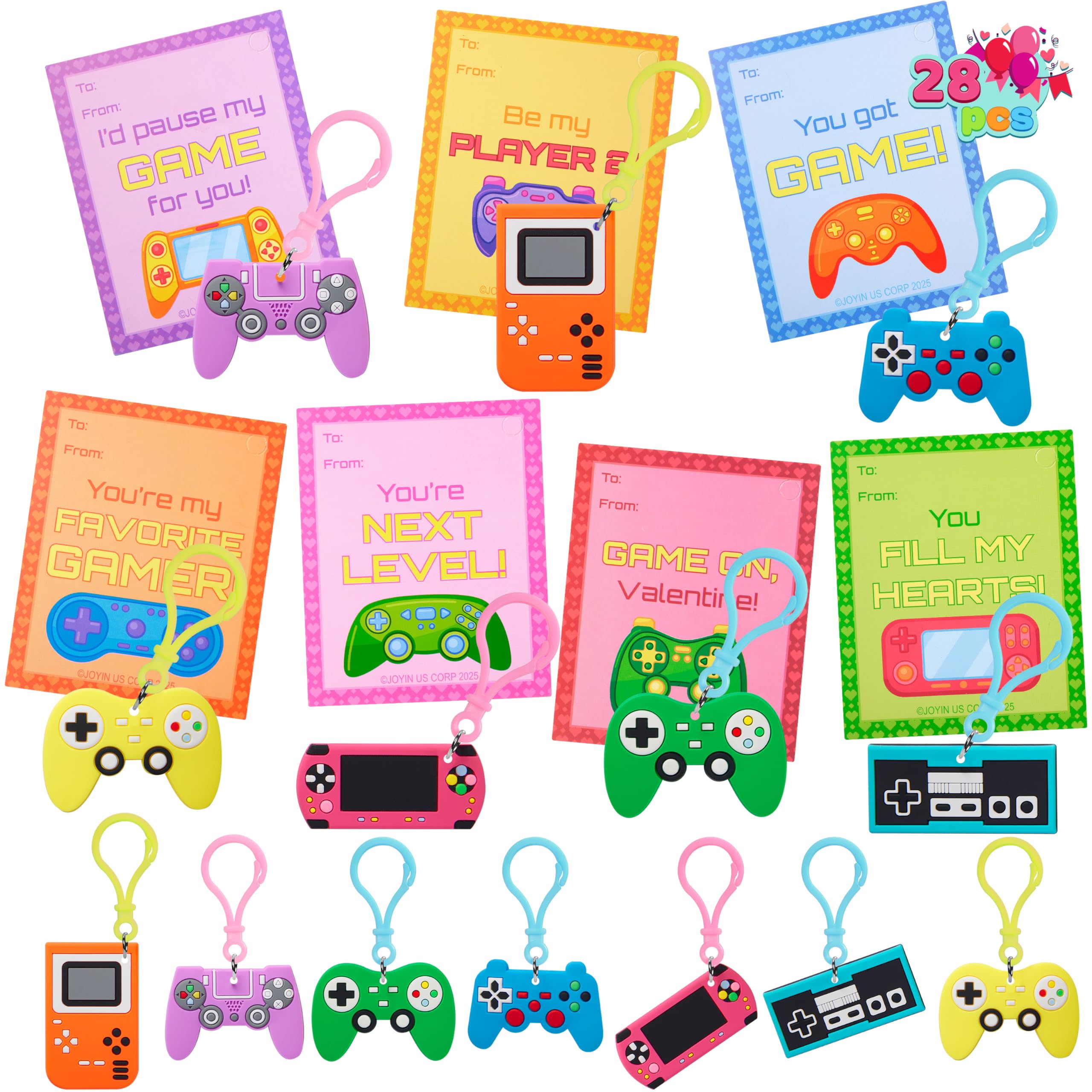 JOYIN 28 Pcs Video Game Keychains, Multi Colored Keychains & Cards with 7 Designs - Valentines Day Gift