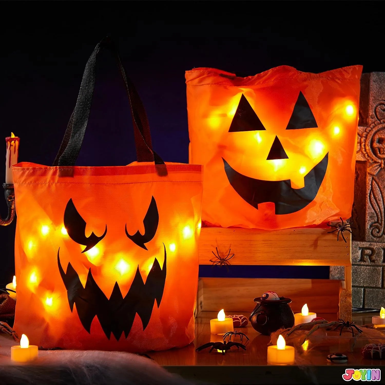 2Pcs Halloween LED Light Pumpkin Buckets Trick or Treat Bags Reusable Goody Bucket - Image 2