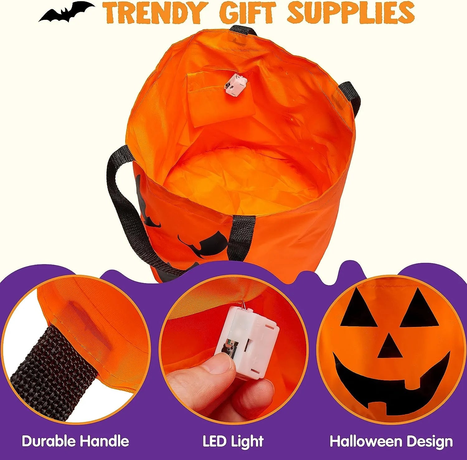 2Pcs Halloween LED Light Pumpkin Buckets Trick or Treat Bags Reusable Goody Bucket - Image 4