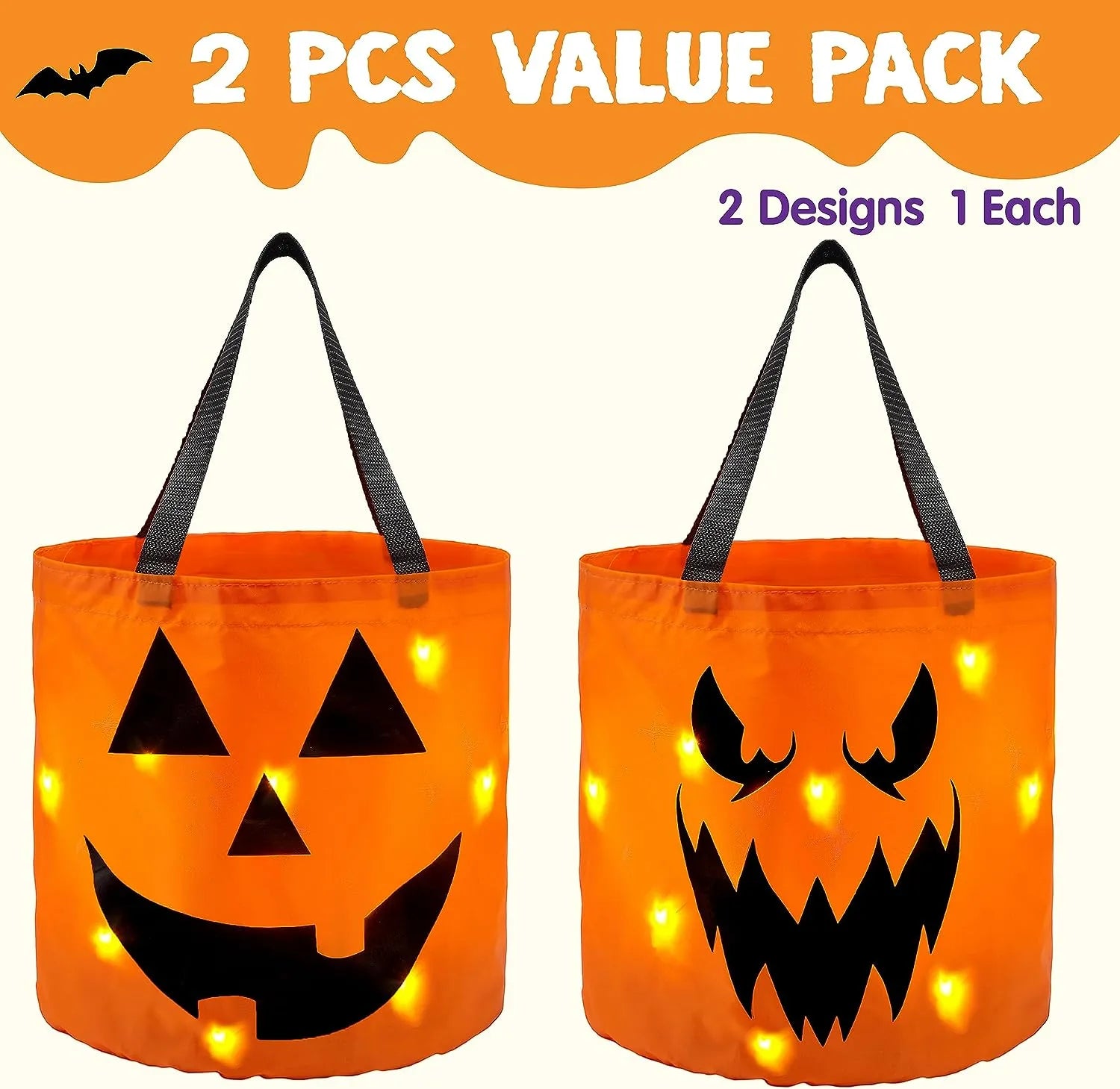 2Pcs Halloween LED Light Pumpkin Buckets Trick or Treat Bags Reusable Goody Bucket - Image 6