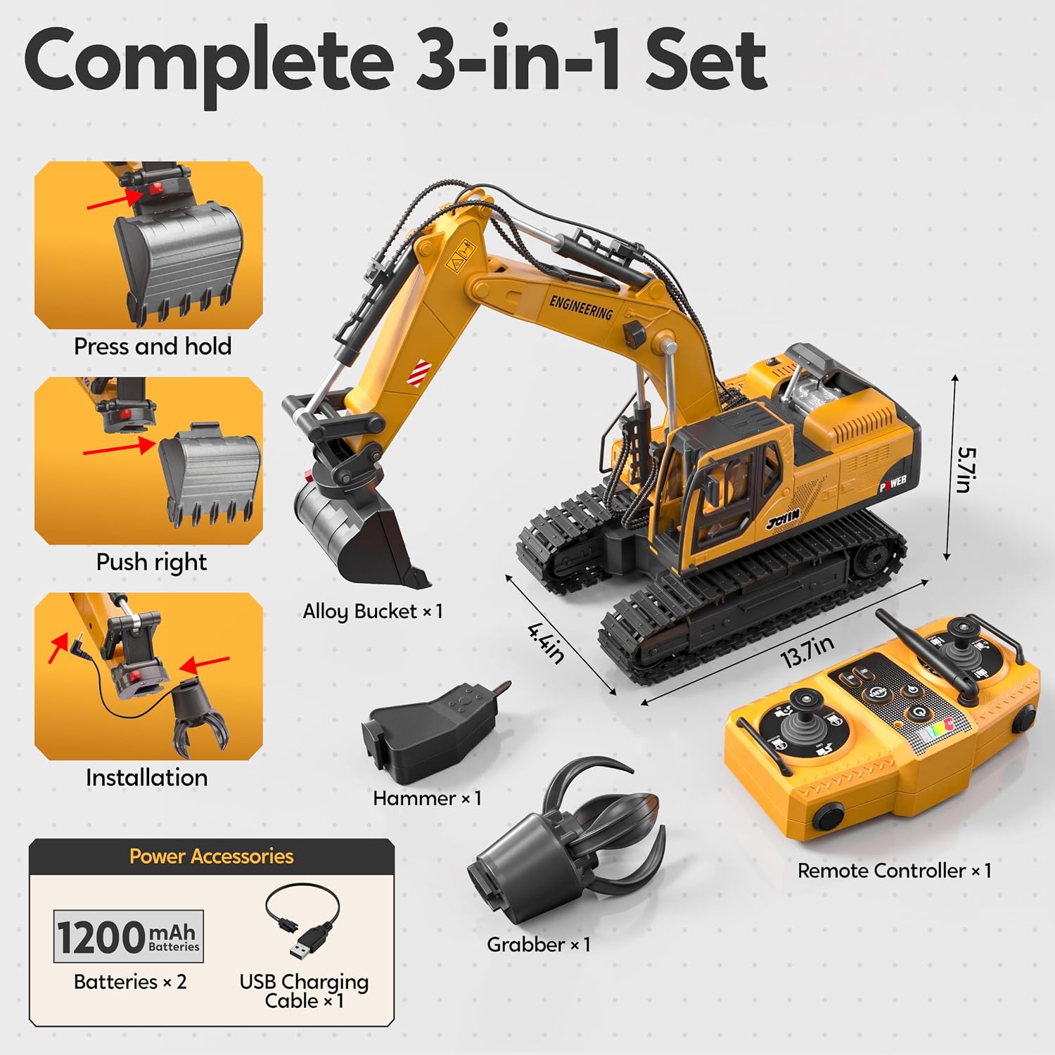 JOYIN 3-in-1 Remote Control Excavator Construction Truck Set - Image 5