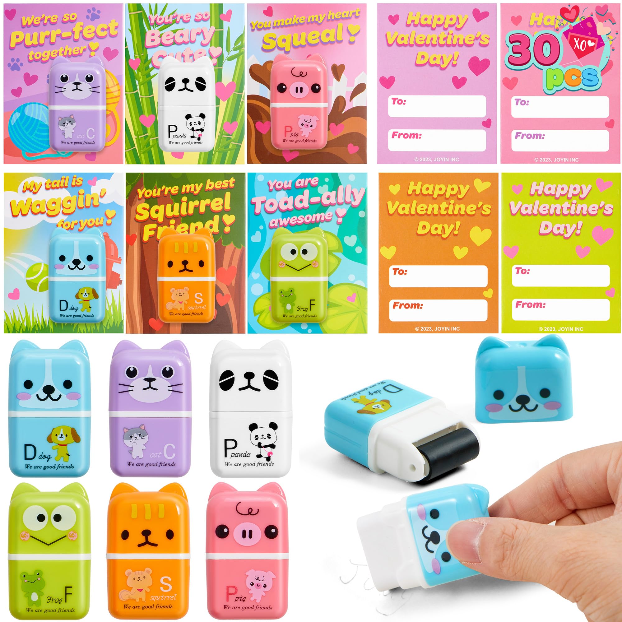 JOYIN 30 PCS Valentines Animals Erasers and Clean Up Roller for Party Favor Gifts