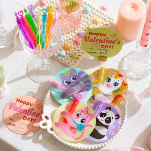 JOYIN 32 Pcs Valentines Day Mini Bubble Wands with Animal Themed Cards
