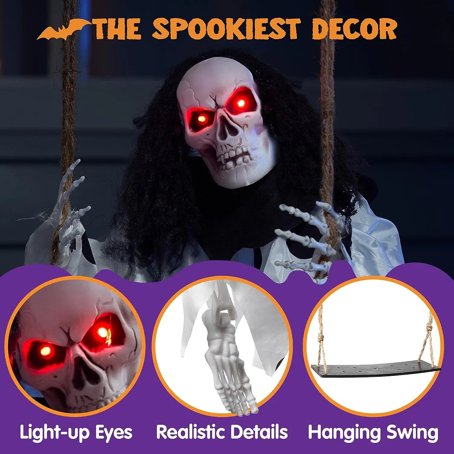 36in Hanging Swing Skeleton Ghost Halloween Light-up Decoration - Image 7